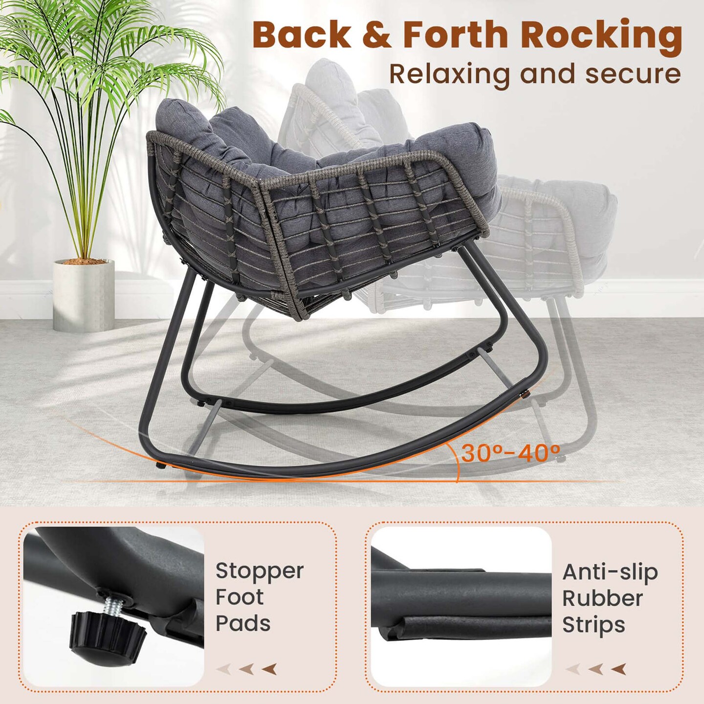 Costway 1/2 PCS Outdoor Rocking Chair Oversized Patio PE Wicker Egg Chair Rattan Lounge Chair Gray