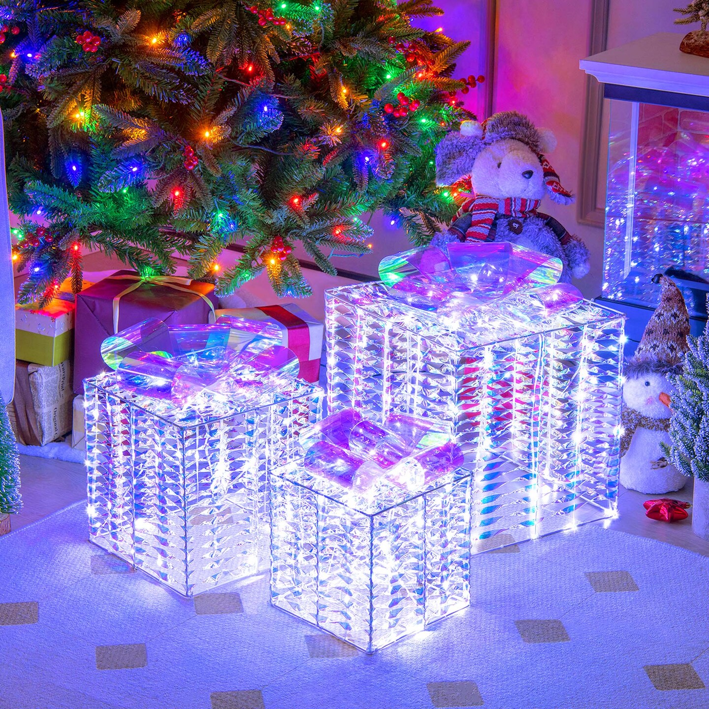 Costway Set of 3 Iridescent Christmas Gift Box LED Lighted Present Box Decoration Yard