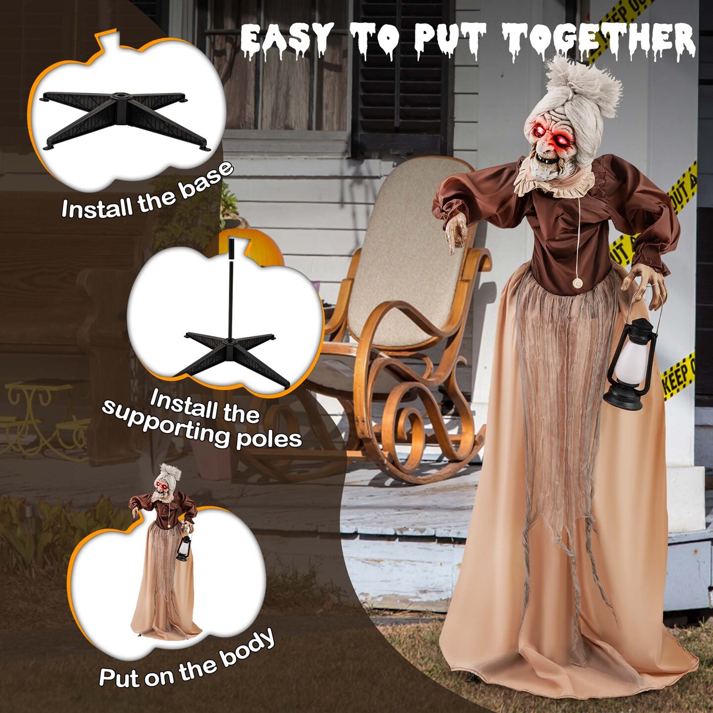 Costway Life-Size Halloween Animatronic Moving and Talking Old Lady Hag Prop with LED Lighted Red Eyes and Holding Lantern