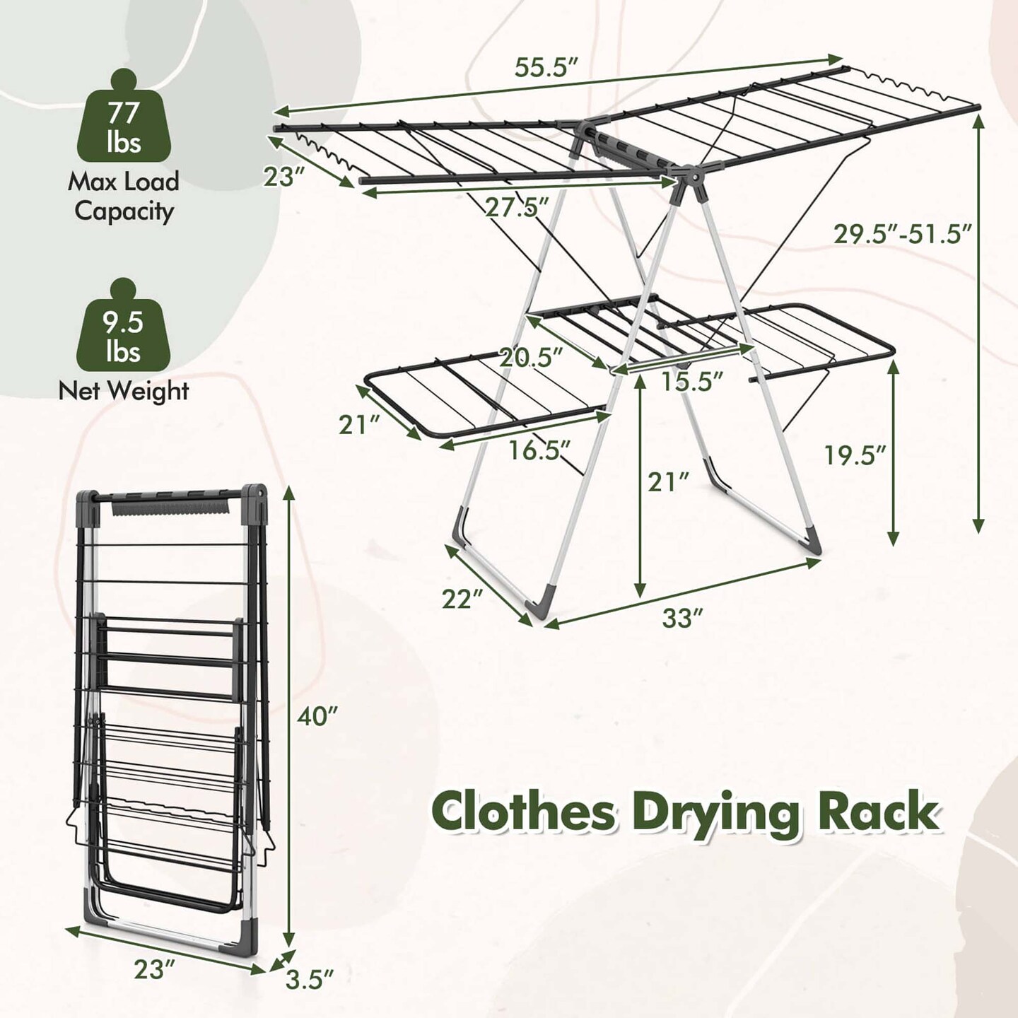 Costway 2-Tier Clothes Drying Rack with 33 Drying Rails Height Adjustable Gullwings