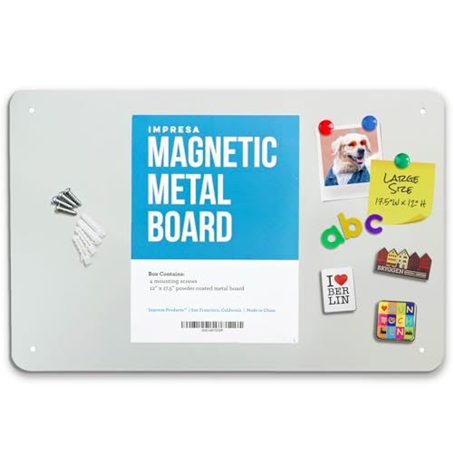 Impresa Magnet Display Board for Wall - Metal Memo Board for Office, Home, Kitchen, and Classrooms - Great for Hanging Photos, Shopping Lists, and More - Includes Pre-Drilled Holes (17.5 x 12 In)