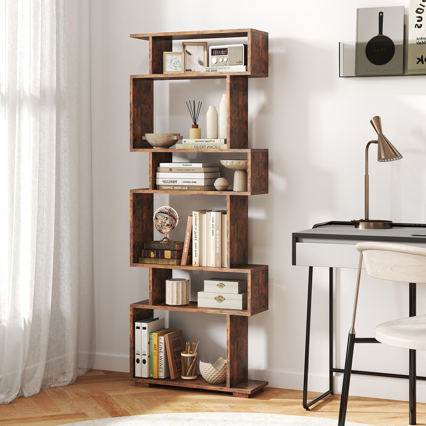 6-Tier Modern Wooden Bookshelf with Geometric S-Shape Design