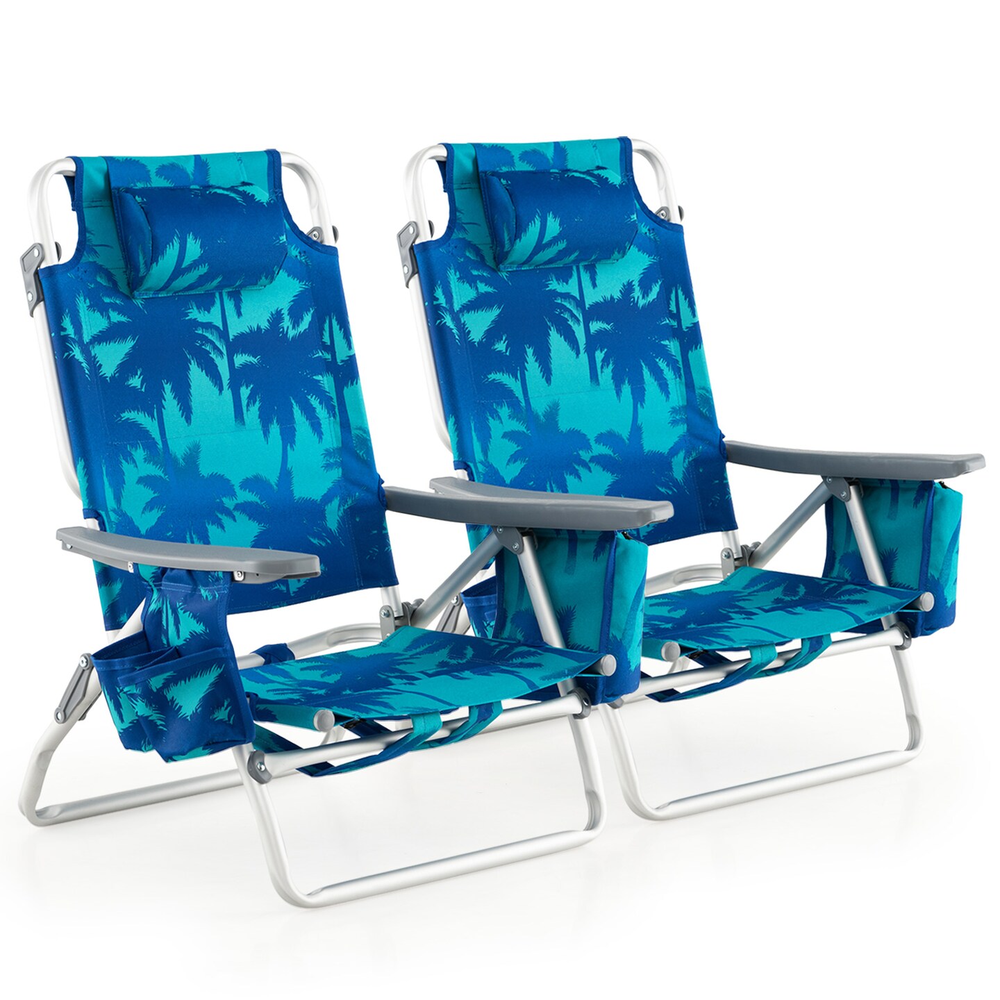 2 Pieces 5-Position Reclining Outdoor Folding Chairs with Cup Holder and Extra Storage Ideal for Beach or Camping