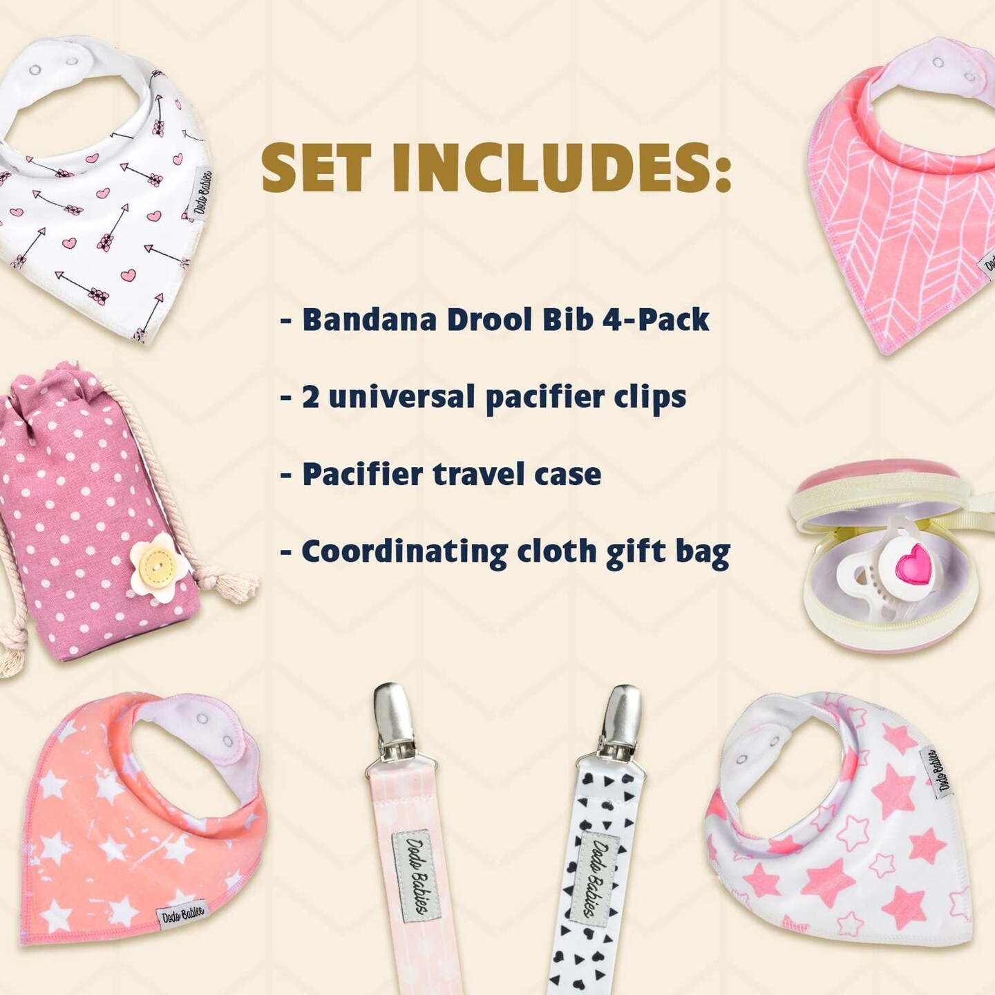 Dodo Babies Bandana Drool Bib Set &#x2013; Four 100% Cotton Bibs with Soft Polyester Lining, 2 Pacifier Clips, Binky Case, Pink Gift Bag for Baby Girl or Boy Shower &#x2013; Adjustable Snap Fit for 3-24 Months