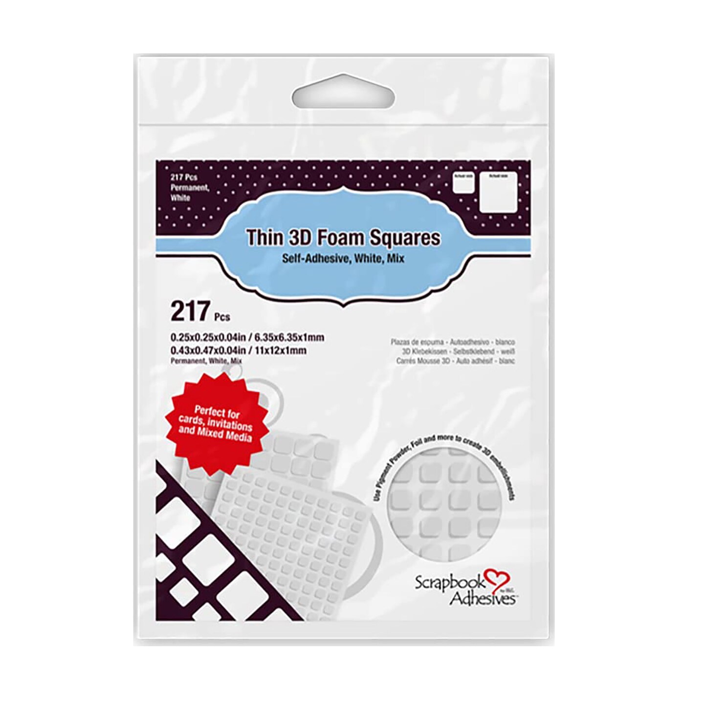 3D Permanent Adhesive Thin Foam Squares in White, 10 Pack