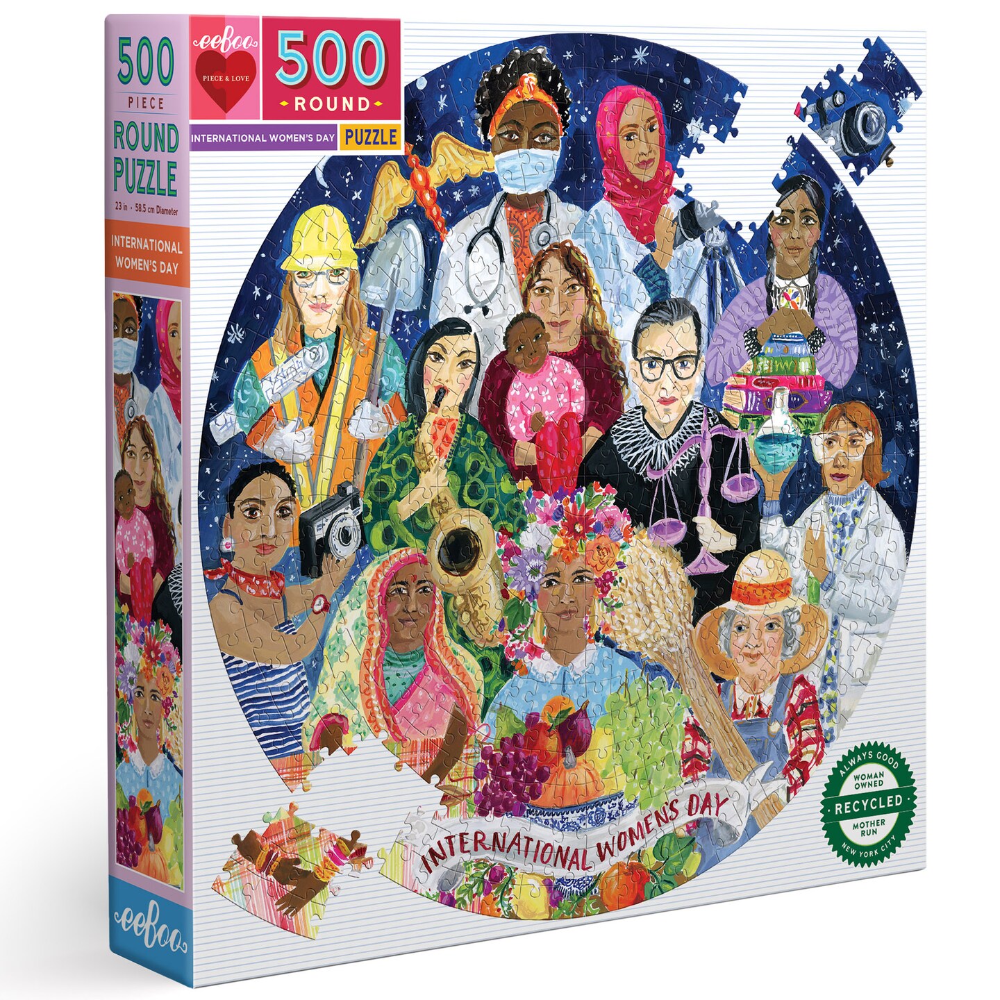 eeBoo Piece and Love International Women's Day 500 Piece Round Jigsaw Puzzle for Adults