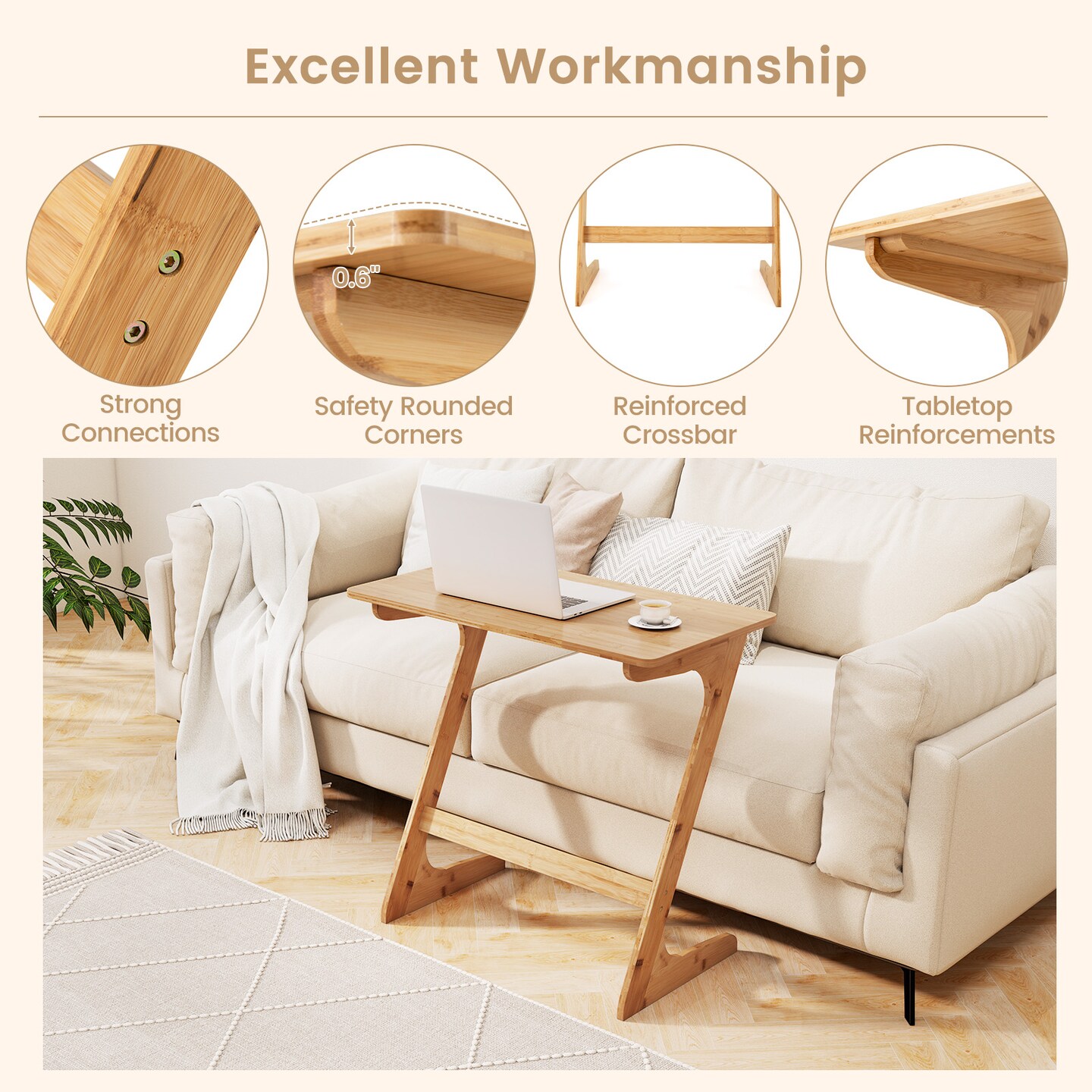 Wicker Z-Shaped Spacious Sofa Side Table with Space-Saving Tabletop