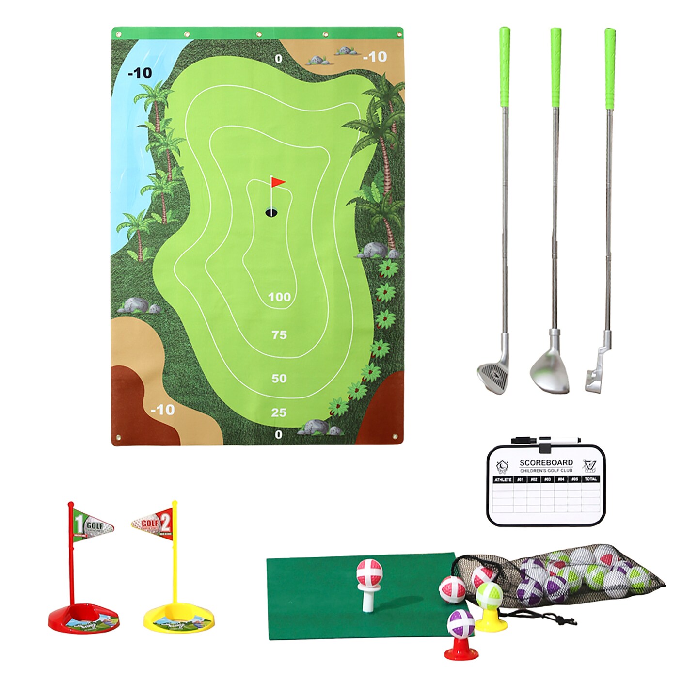 Trimate Golf Game Chipping Mat and Accessories, Training and Practice Golf Travel Set for Kids and Adults, Indoor and Outdoor Hitting Mat and Golf Clubs with Sticky Balls for Kids 3+
