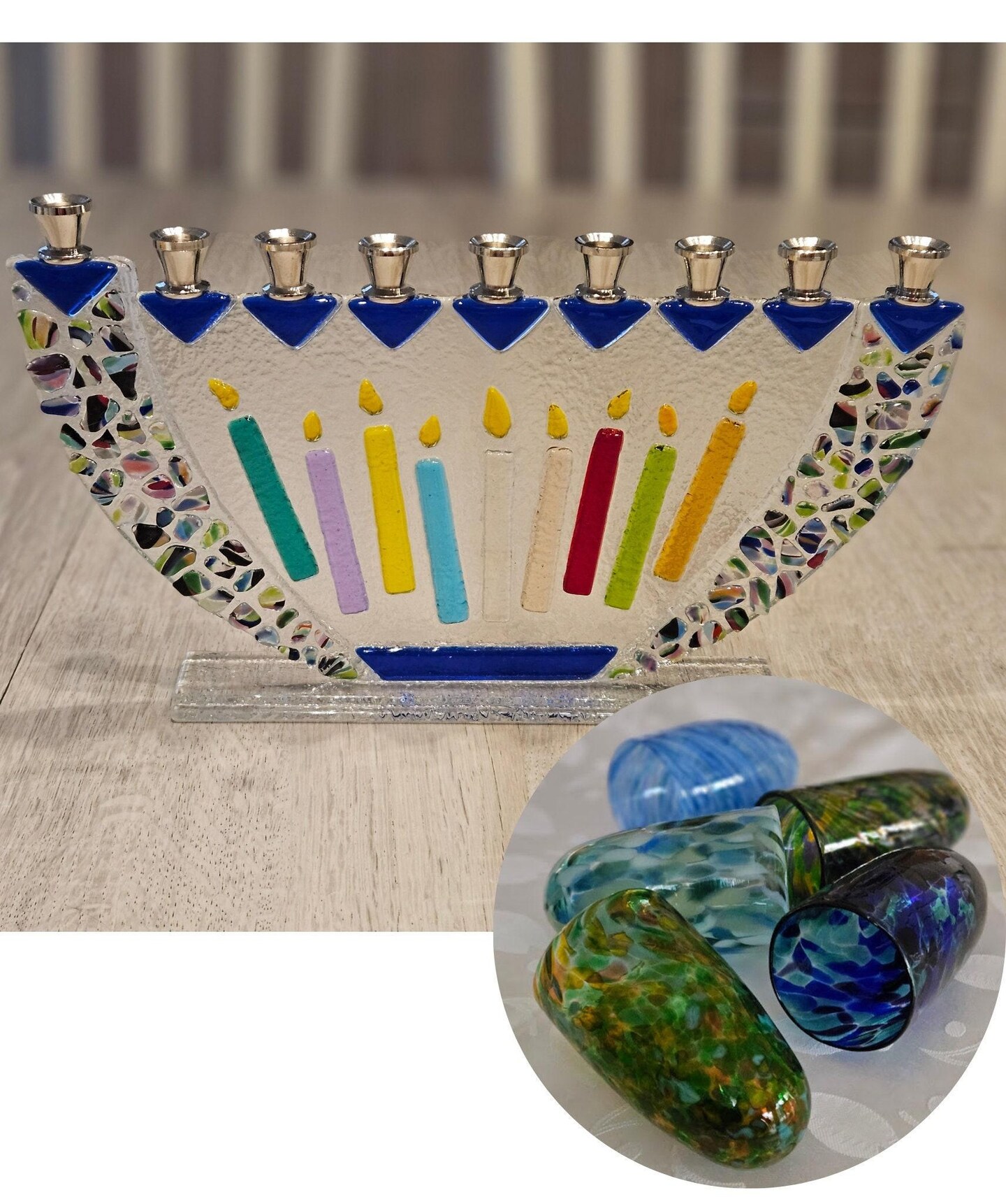 product name is Chuppah glass upright menorah and Chuppah cup bundle Jewish wedding gift custom menorah from your crushed wedding glass YafitGlass