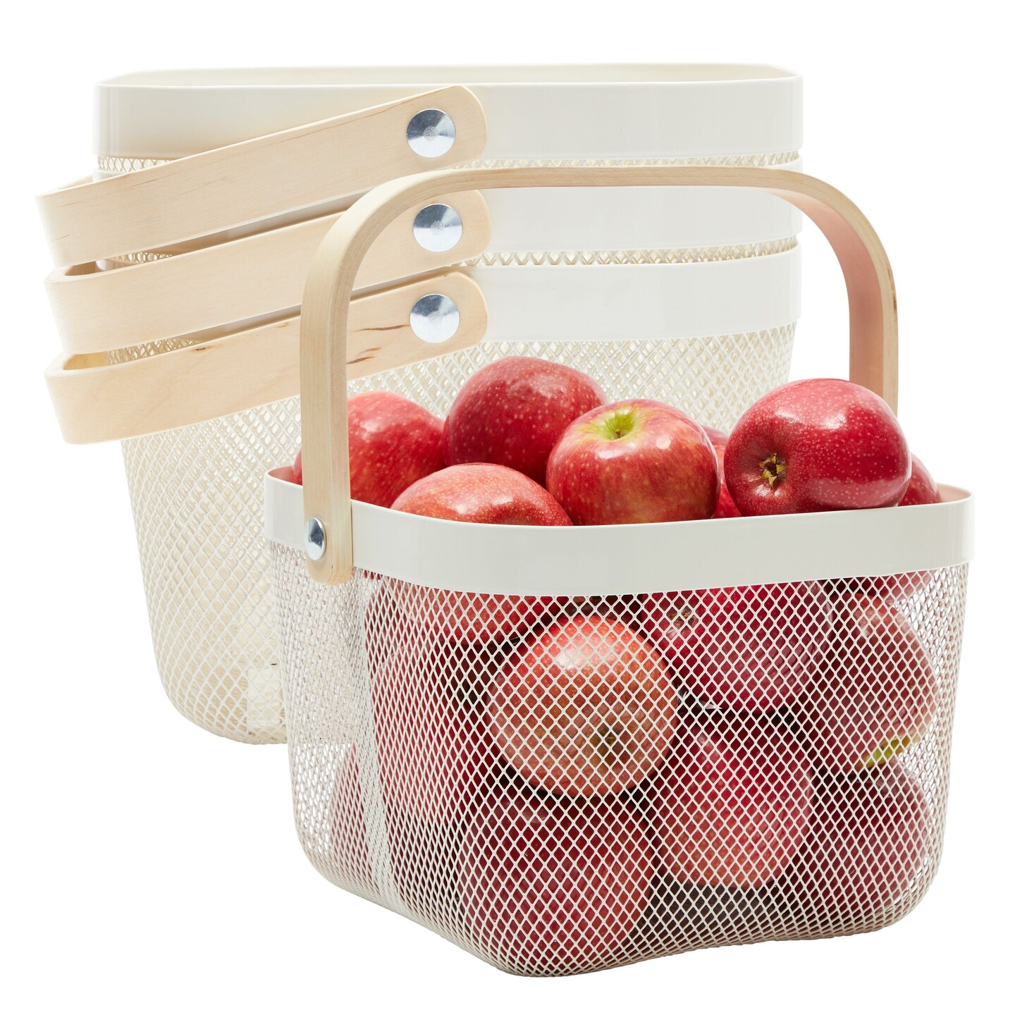 4 Pack Square Metal Mesh Fruit Basket with Wooden Handle for Kitchen, Pantry Storage and Organization (9.5 x 7 In, White)
