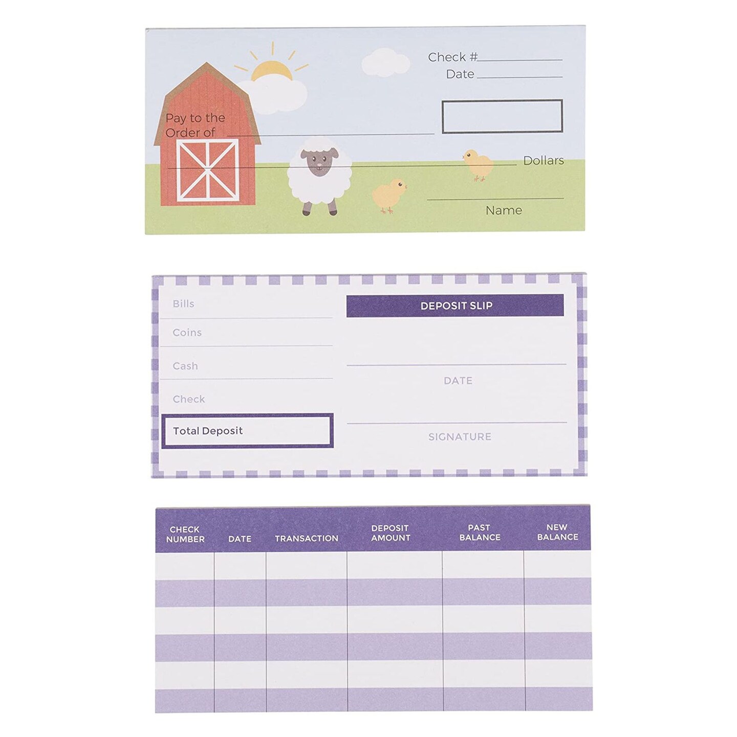 150 Sheets Fake Checkbook for Kids Learning with Pretend Deposit Slip and Check Register for Play School Supplies, Farm Animals Themed
