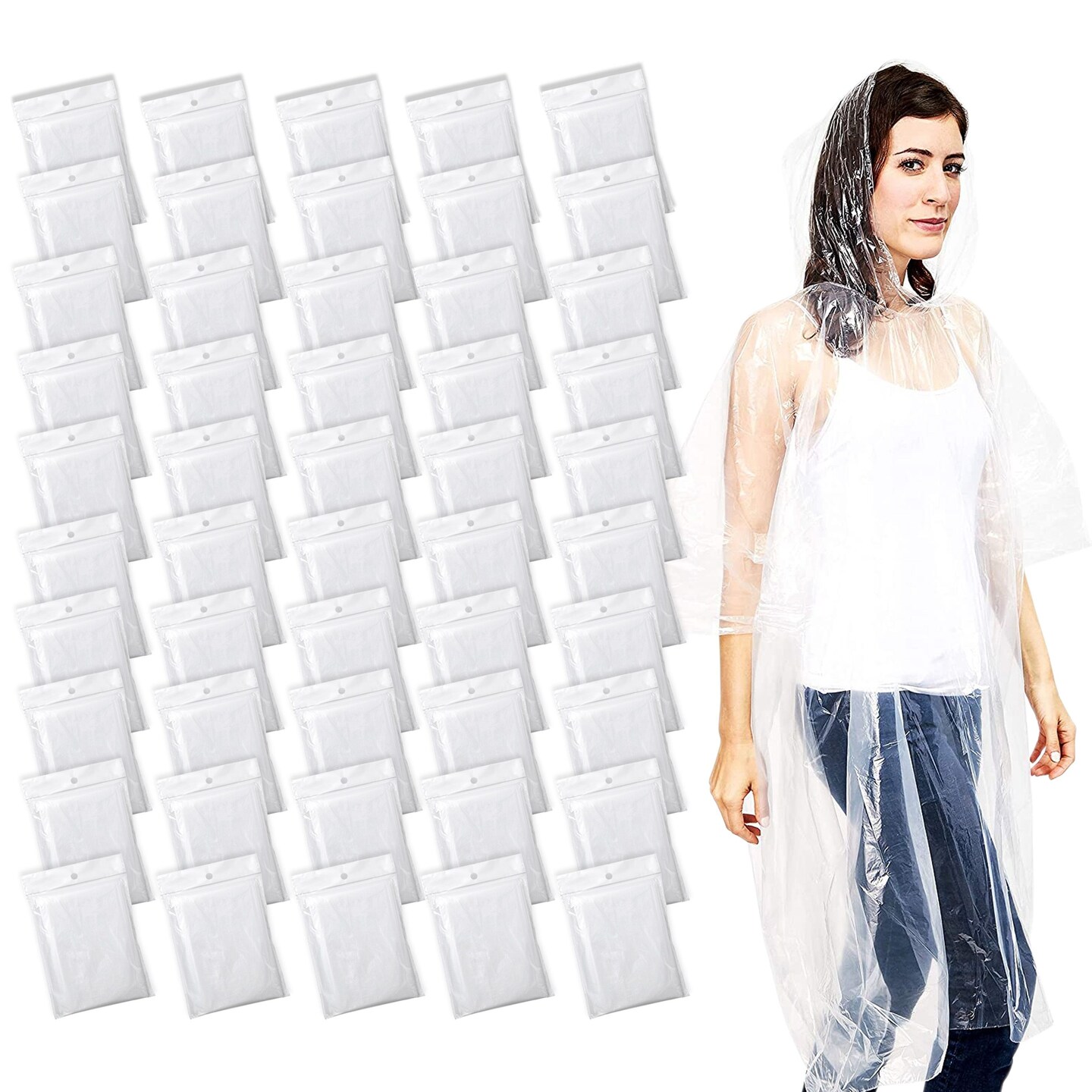 50 Pack Disposable Rain Ponchos for Adult, Bulk Emergency Ponchos with Hood, Individually Wrapped Raincoats (One Size)