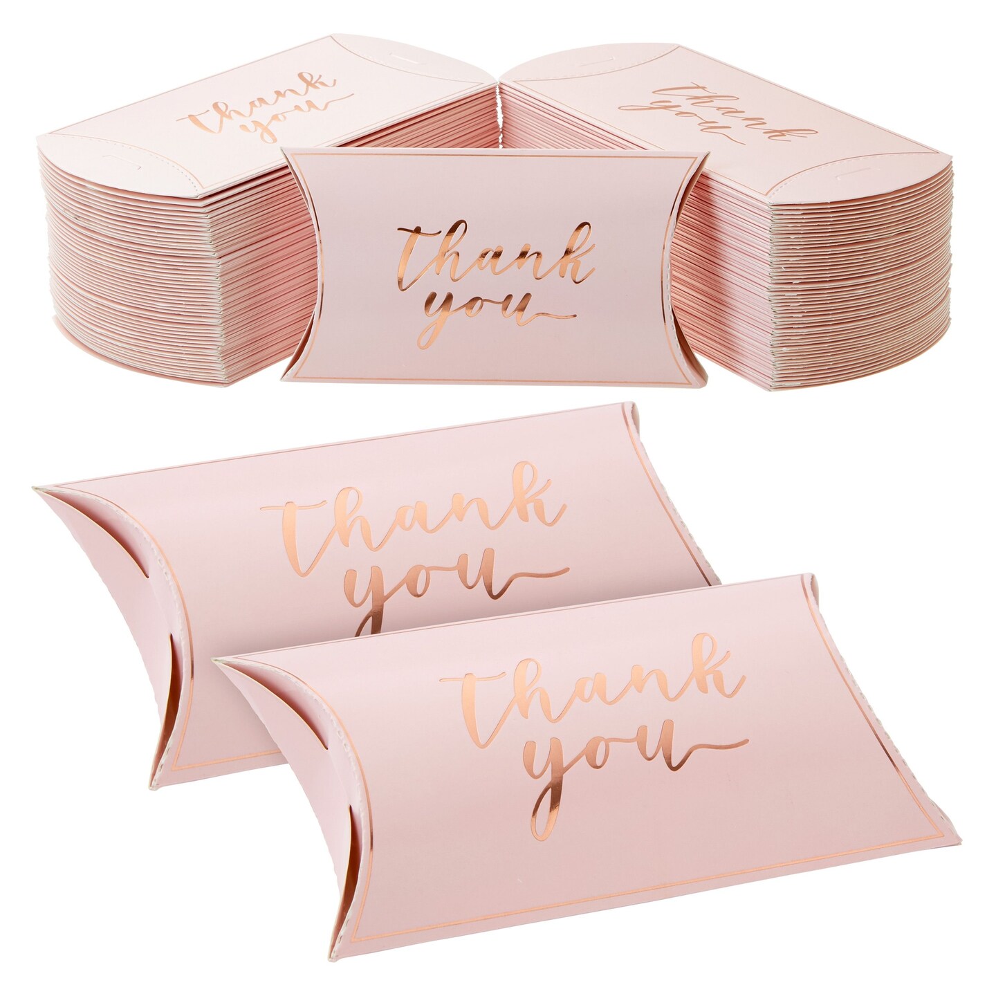 100-Pack Wedding Favor Pillow Boxes, Bulk 5.2x3.2-Inch Kraft Paper Thank You Gift Boxes for Party Favors (Pink with Gold Script)
