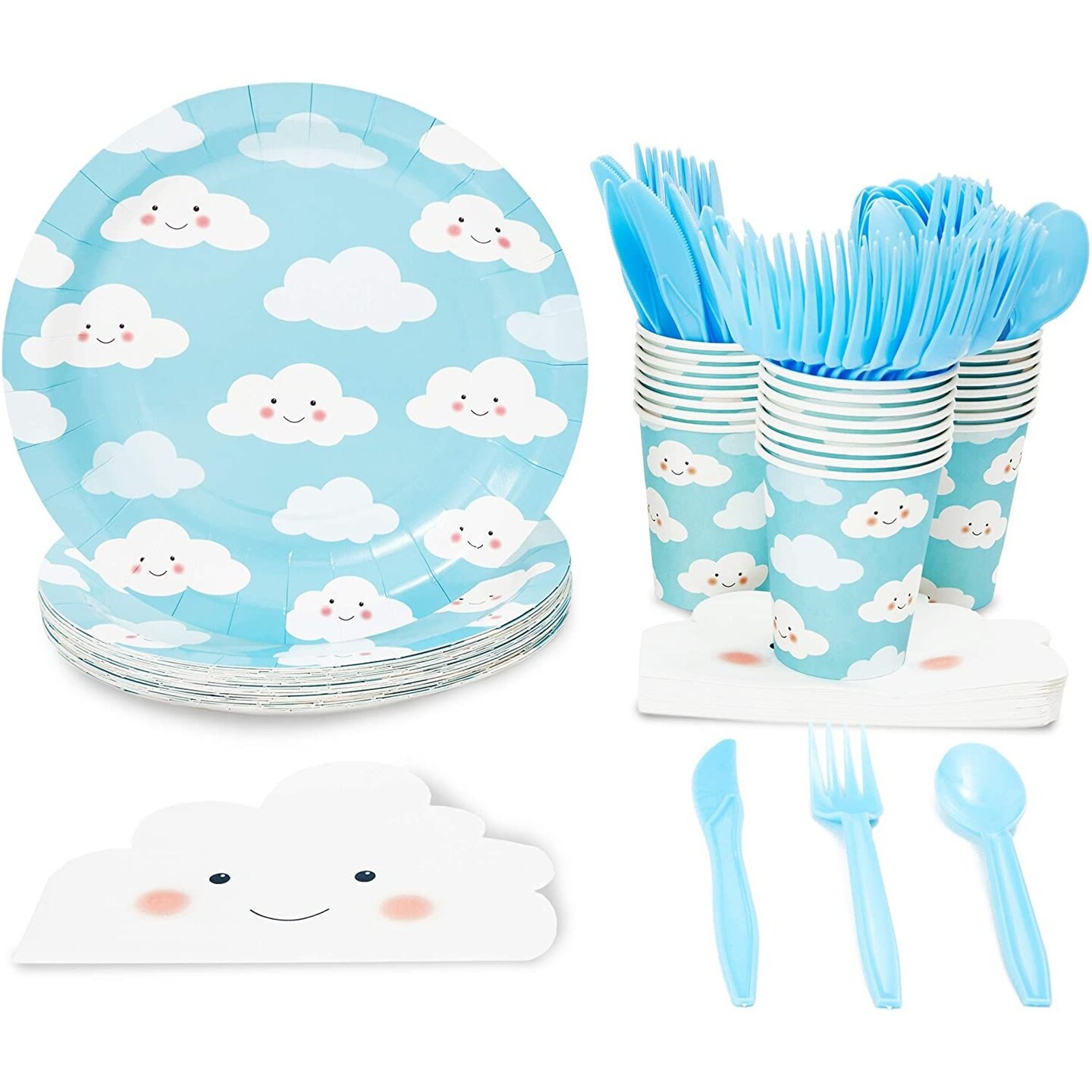 Disposable Dinnerware Set - Serves 24 - Cute Clouds Design, Kids Birthday, Baby Shower Party Supplies, Includes Plastic Knives, Spoons, Forks, Paper Plates, Die-Cut Cloud Napkins, Cups, Sky Blue