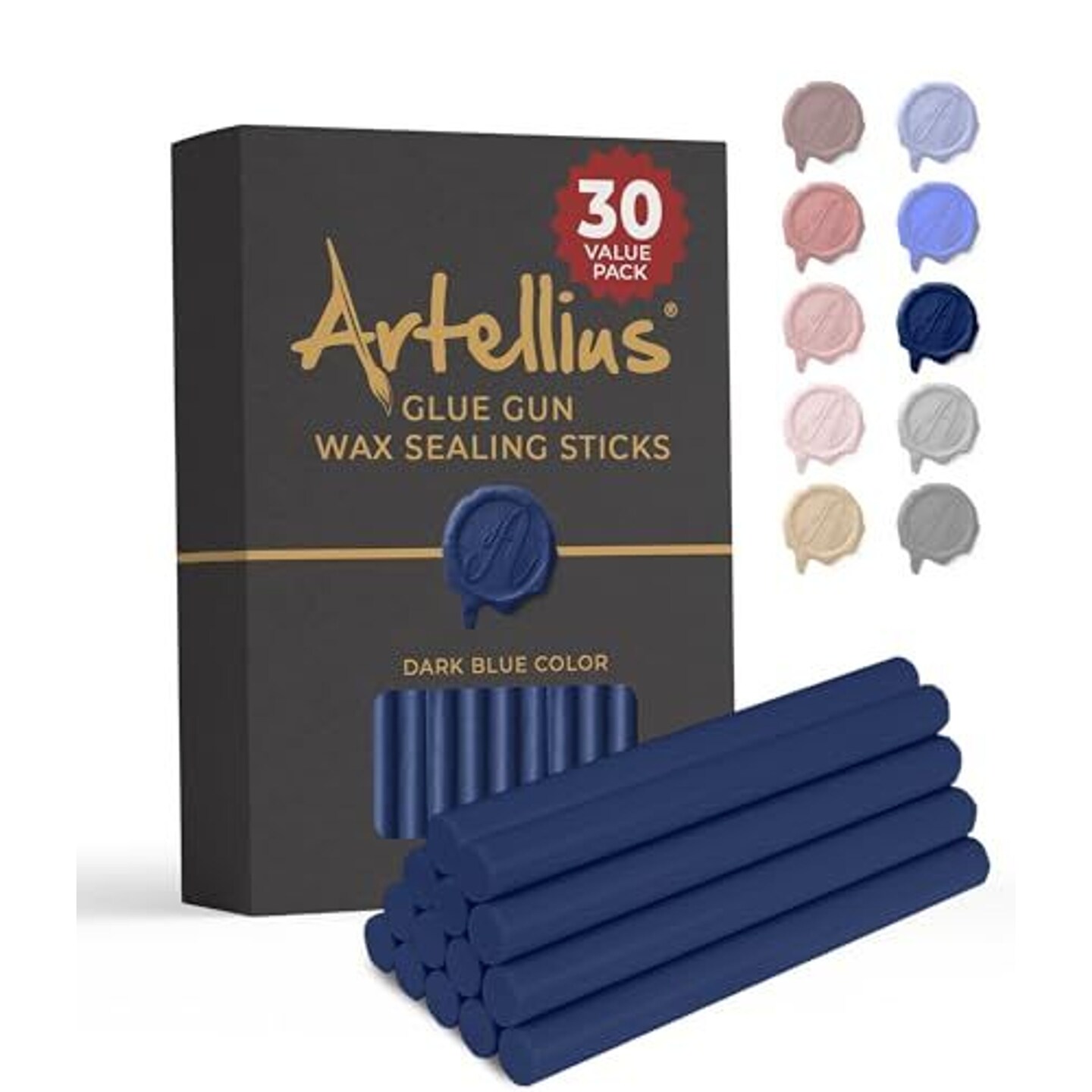 Artellius Premium Sealing Wax Sticks (Bulk 30 Pack) Wax Seal Glue Gun Sticks, Envelope Seal Wax for Stamp Seals - Perfect Wax Seal Sticks for Crafting, Invitations &#x26; Letters - Dark Blue