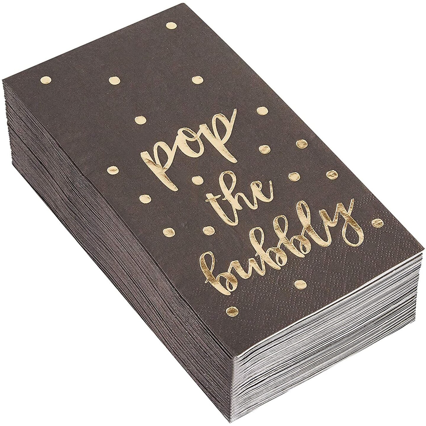 50 Pack Black Paper Dinner Napkins with Gold Foil for Birthday, Wedding, Pop the Bubbly (3-Ply, 4 x 8 In)