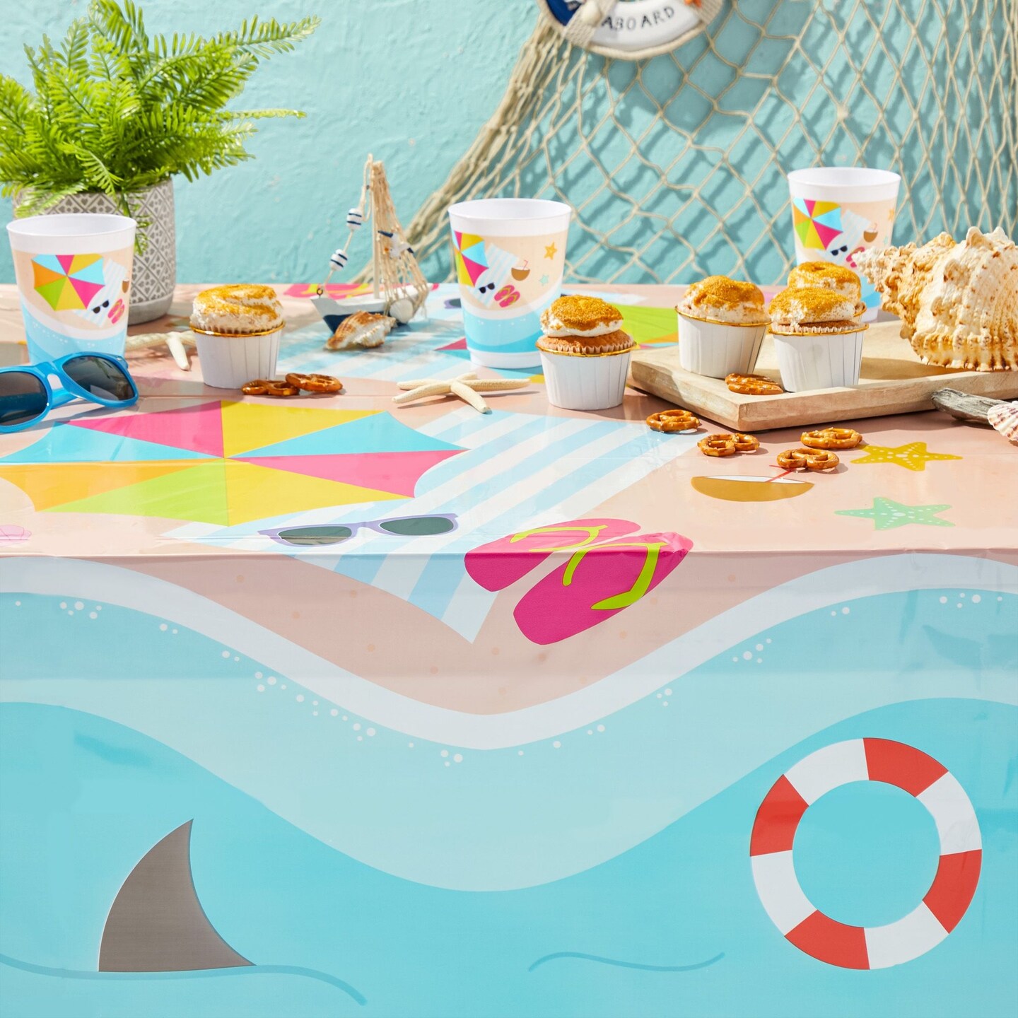Summer Beach Pool Party Table Cover Plastic Tablecloth (54 x 108 inch, 3 Pack)