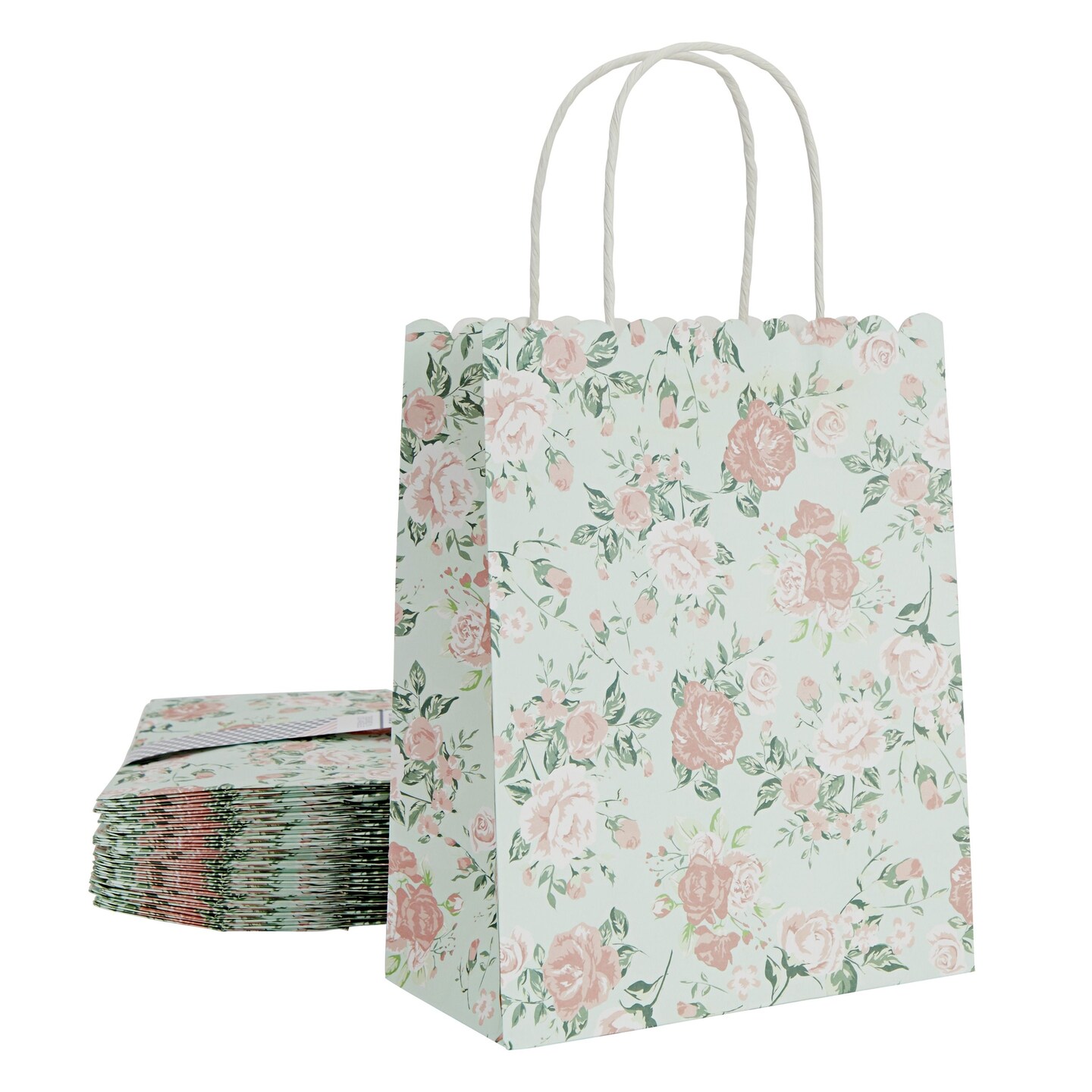24 Pack Floral Gift Bags with Handles, Rose Paper Bags for Birthday, Wedding, Bridal Shower, Baby Showers - Rose Flower Print, Green (8 x4x10 In)