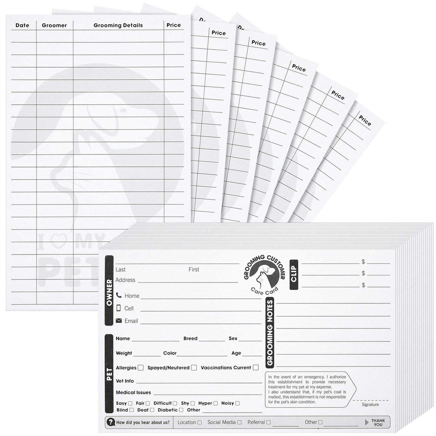 Juvale 100-Pack Pet Grooming Cards, Customer Information Cards - 8 x 5 Inches Cat or Dog Grooming Client Card and Contact Profile Extender, Pet Info Record Clip Card for Groomers