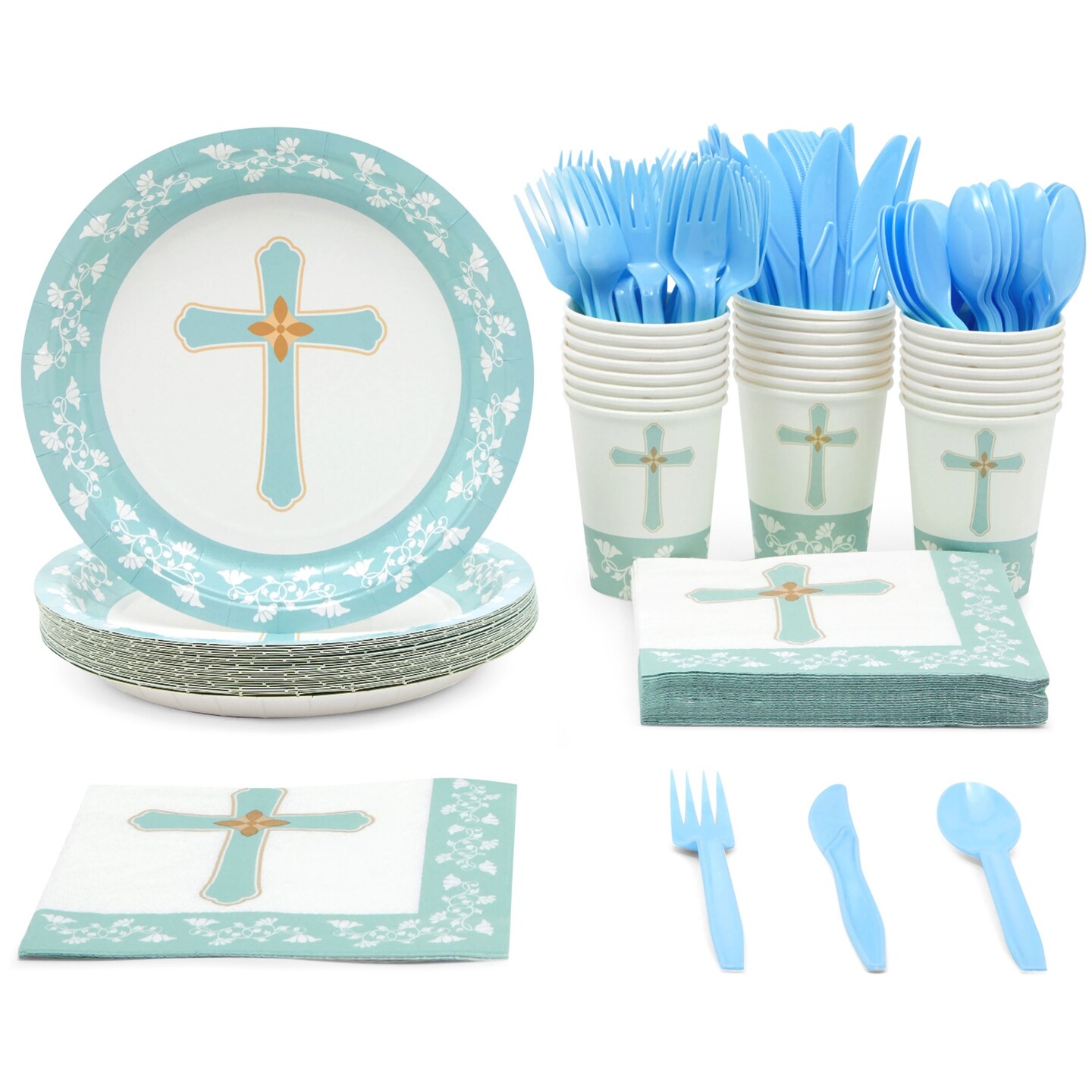 144 Baptism Decorations Party Supplies - Blue, Includes Disposable Paper Plates, Napkins, Cups, &#x26; Cutlery, For Easter Party, Baptisms, First Communion, Christening &#x26; More, Serves 24