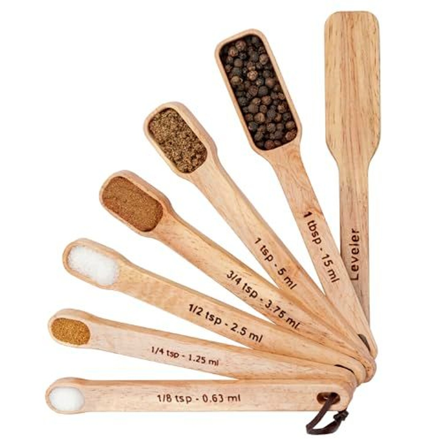7PC Narrow Wood Measuring Spoon Set for Cooking & Baking - Spoon Measurement Set with Leveler