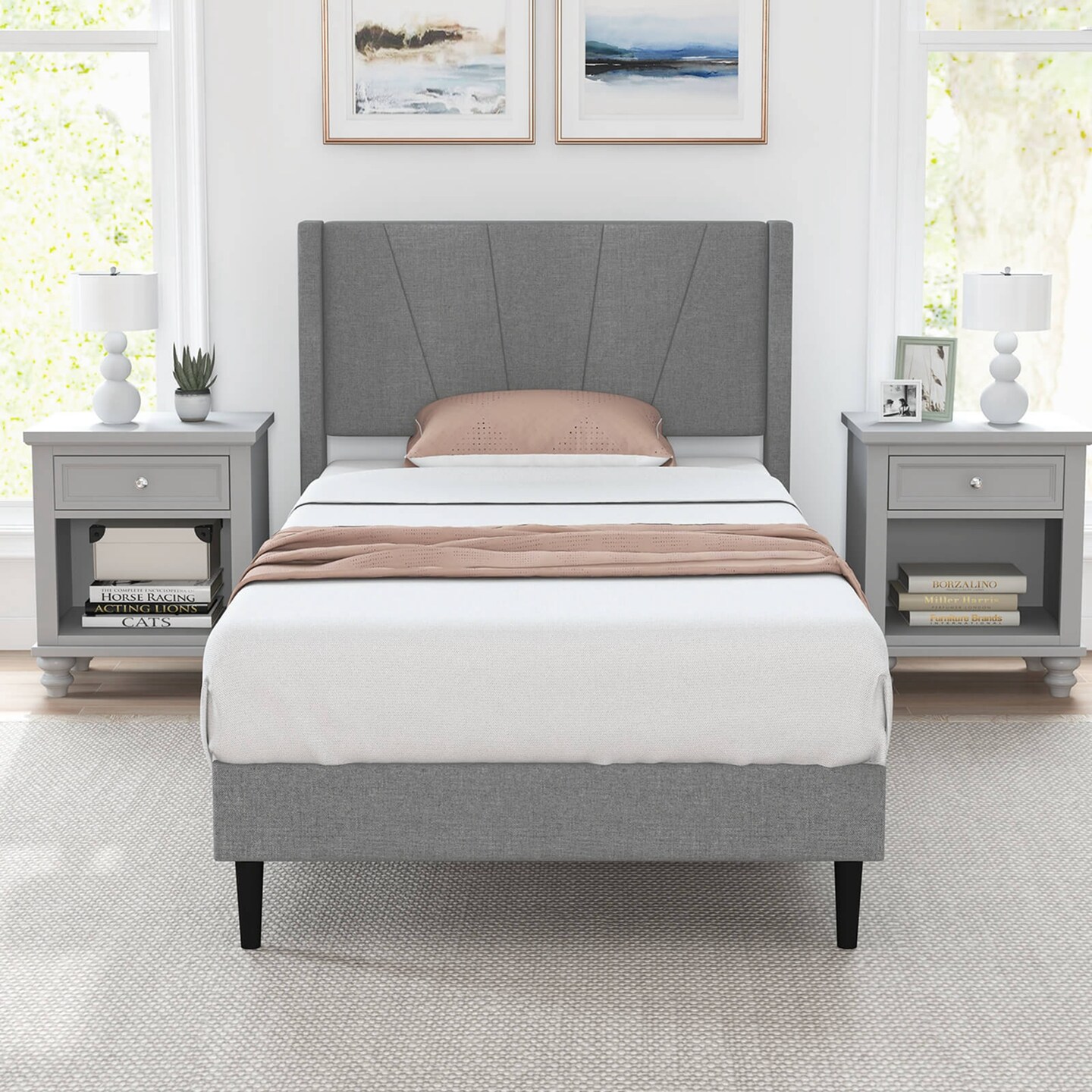 Costway Queen/Twin Bed Frame Modern Platform Bed with Linen Upholstered Wingback Headboard