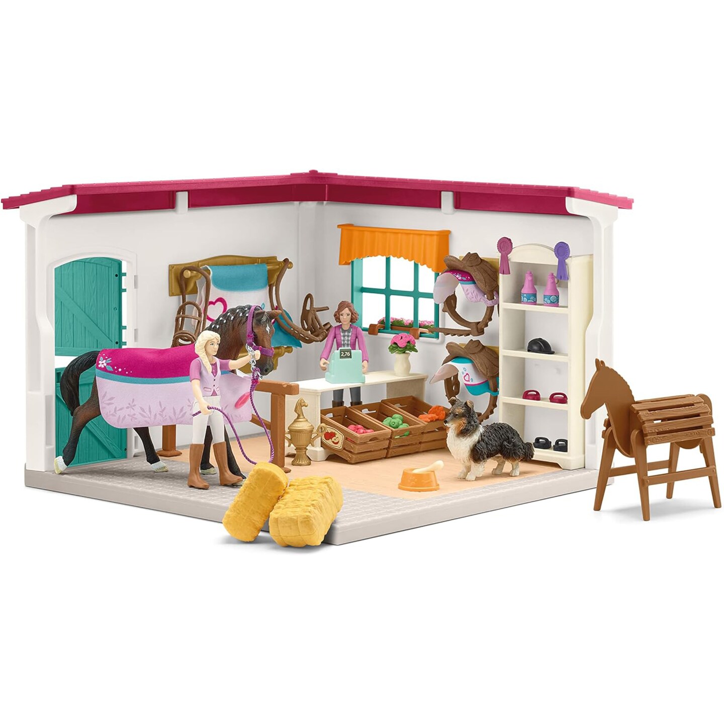 Schleich Horse Club: Horse Shop - 67 Piece Playset, Tack Shop Set, Horse &#x26; Rider Figurines, Dog, Saddle &#x26; Accessories, Pony Toys, Kids Ages 5+