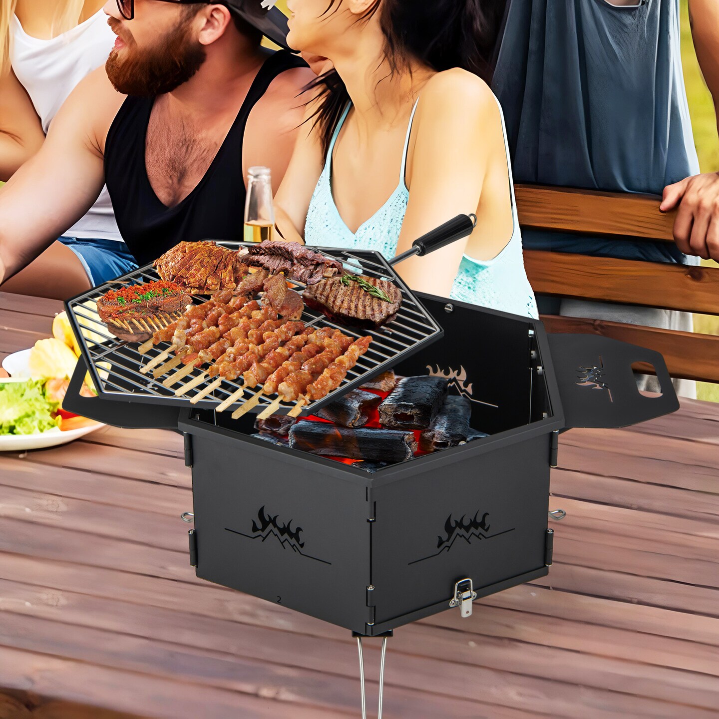3-in-1 Portable Hibachi Charcoal Grill Carbon Steel &#x26; Stainless Steel