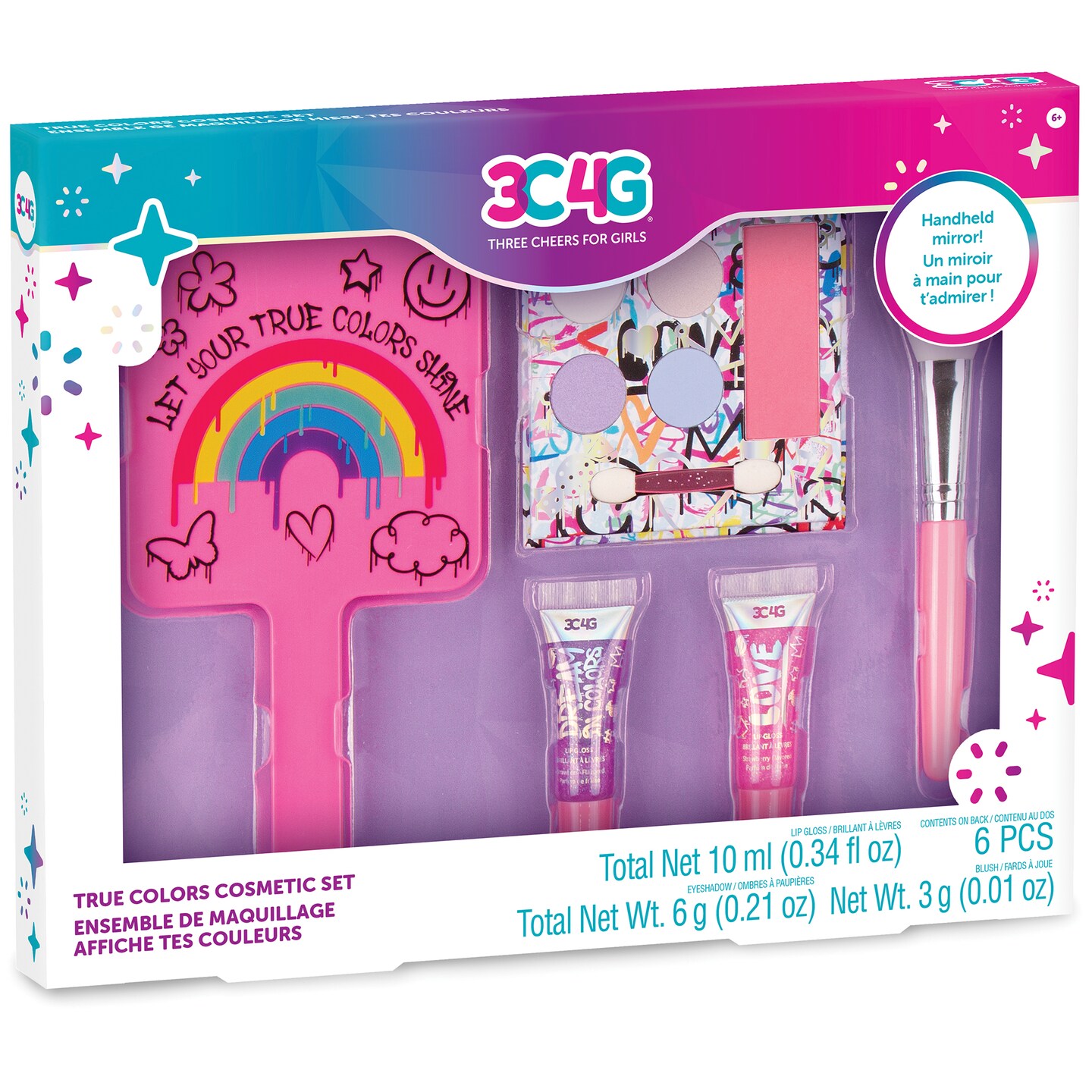 3C4G: Graffiti: True Colors Cosmetic Set &#x26; Mirror - 6 Piece Set, Make It Real, Tweens &#x26; Girls, Includes Handheld Mirror, Gloss, Makeup &#x26; Blush Brush, Three Cheers For Girls, Kids Ages 6+