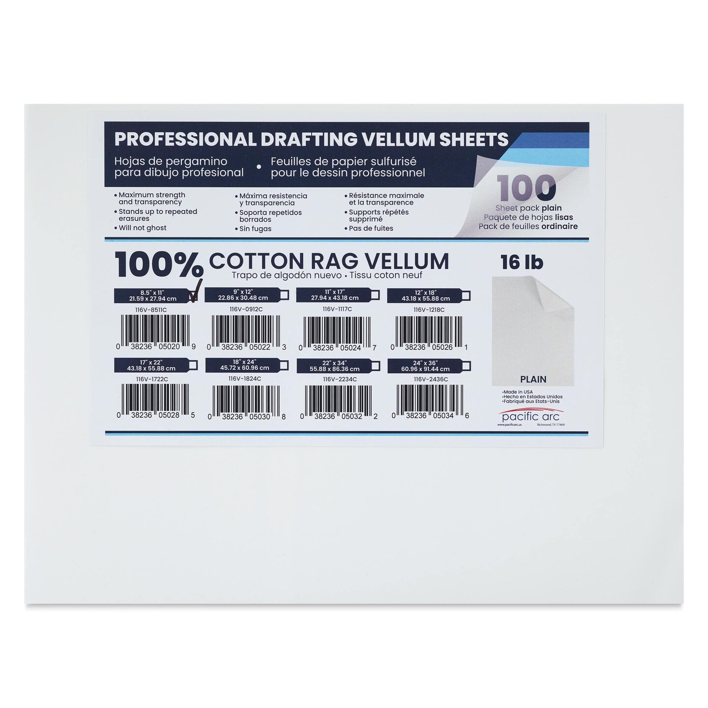 Pacific Arc Drafting Vellum Sheet Pack - 8-1/2" x 11", Pkg of 100