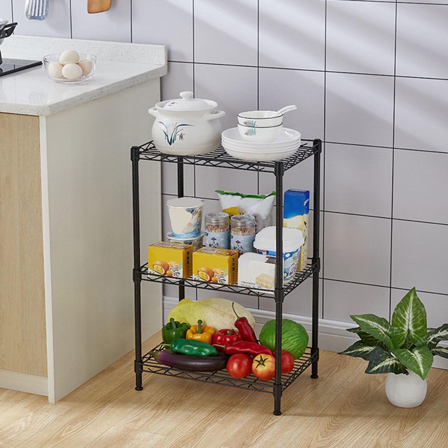 Storage Rack Rustproof Corrosion Resistant Strong Load-Bearing Kitchen Bathroom Standing Storage Shelf Units Adjustable