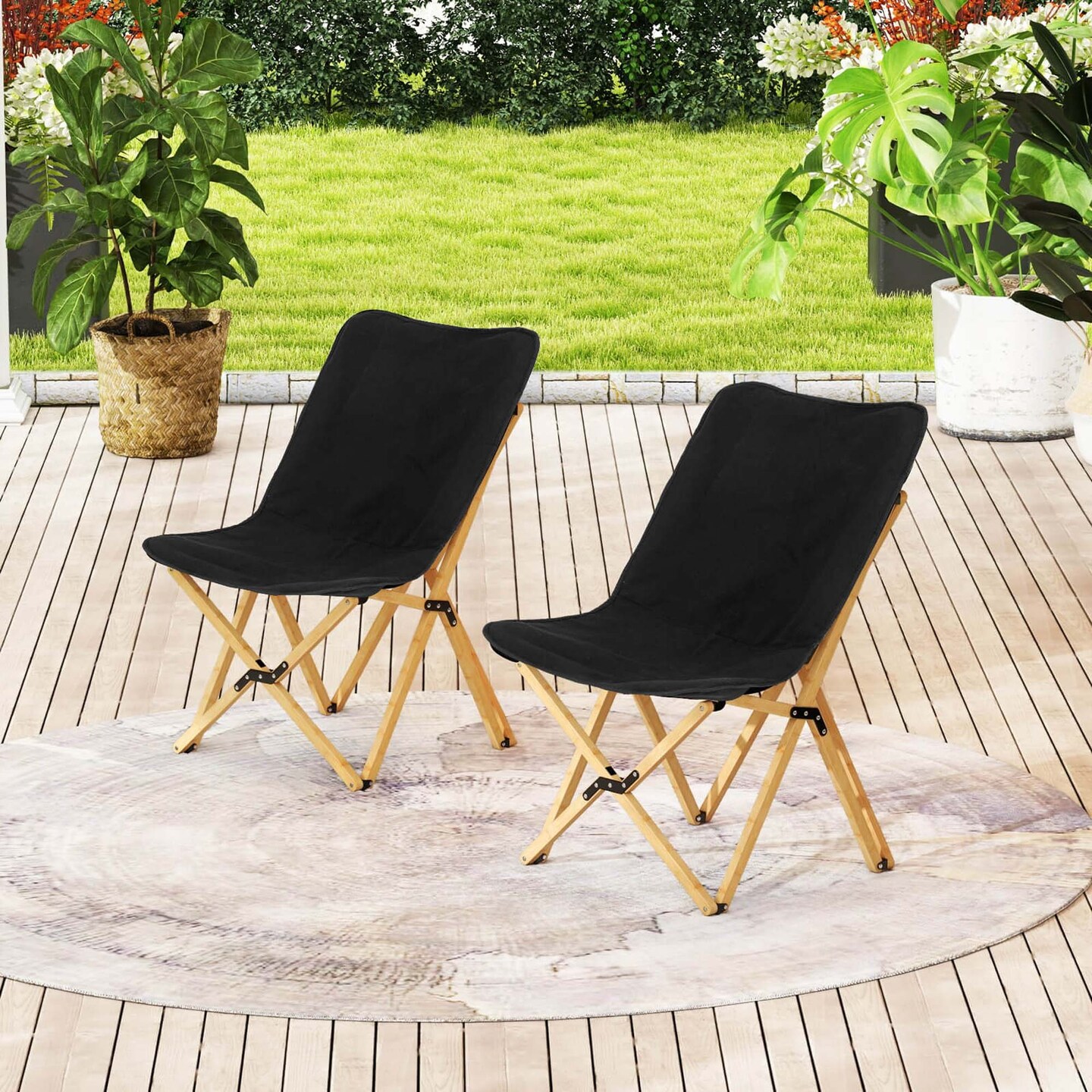 Costway Bamboo Butterfly Folding Chair Set of 2 with Storage Pocket 330 LBS Capacity Black/Beige