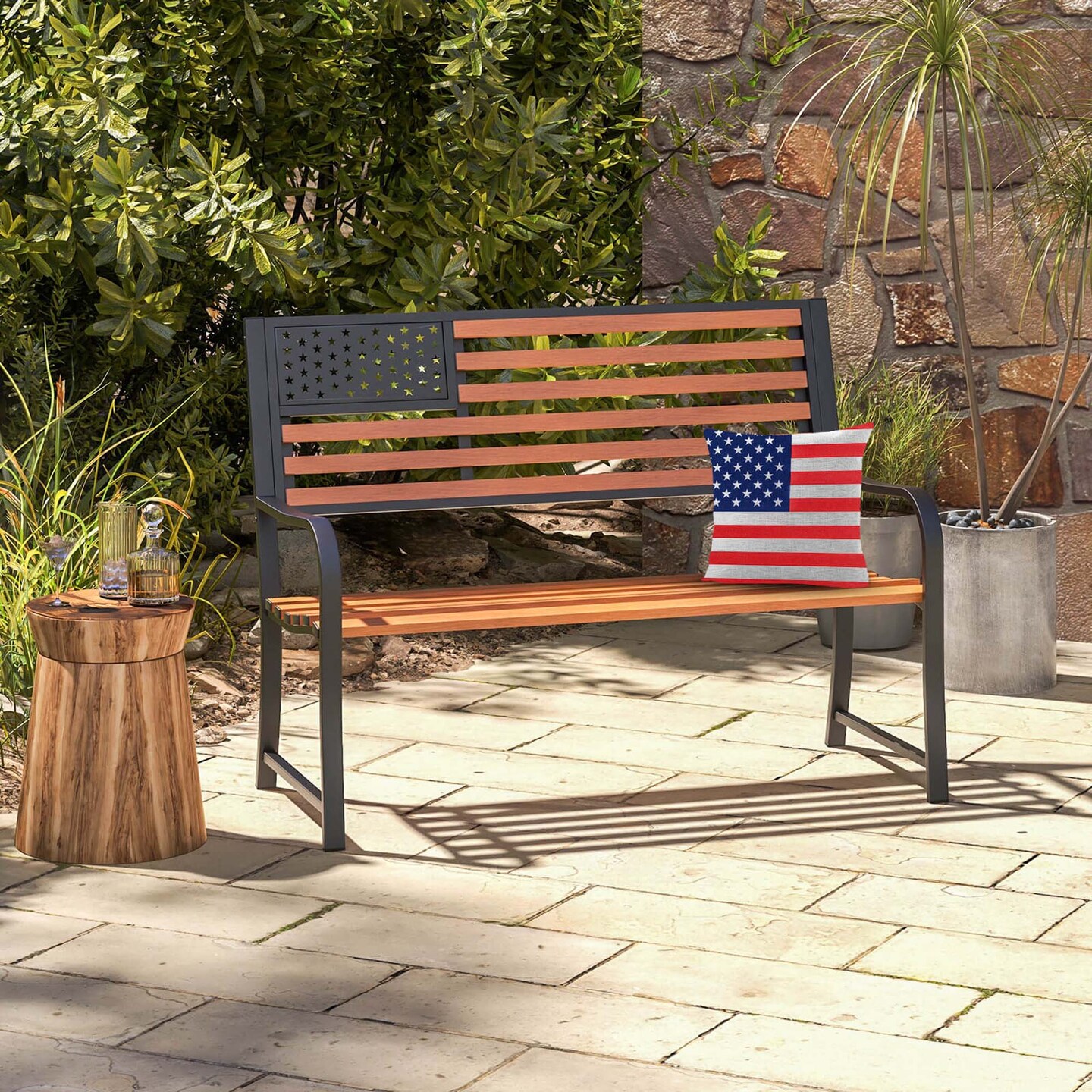 Costway 50&#x22; Outdoor Garden Bench with Flag Pattern Backrest &#x26; Rustic Wood Grain Finish
