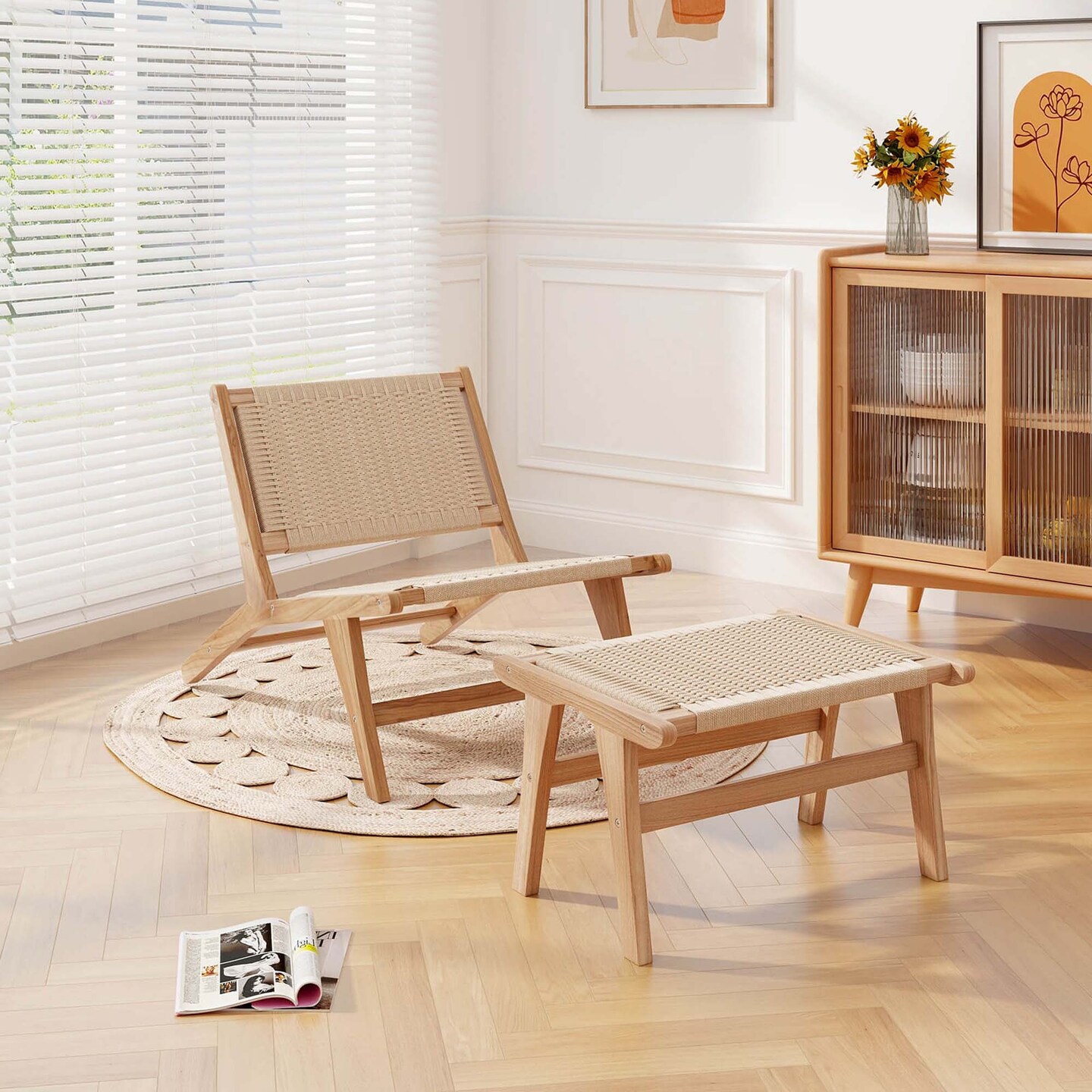 Costway Mid Century Modern Accent Chair with Ottoman Teak Wooden Frame Farmhouse