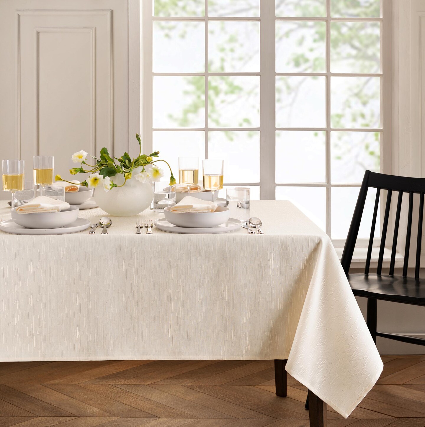 Threadmade Home Continental Solid Texture Water Resistant Tablecloth, Ivory - 60"W x 102"L