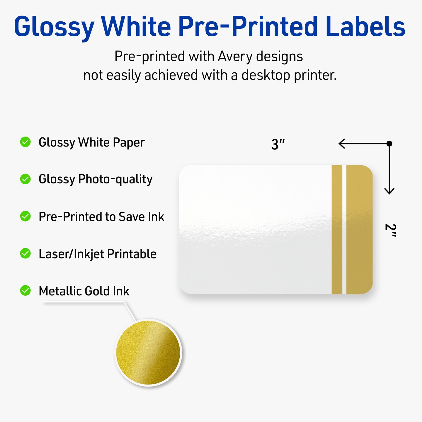 Avery Printable Rectangle Labels, Gold Double-Dipped Edge, 2&#x22; x 3&#x22;, Glossy White Rectangle Labels, Permanent, Laser/Inkjet, 80ct, Great for Product Labels