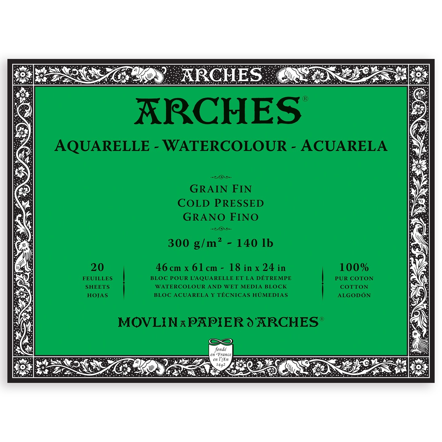 Arches Aquarelle Cold Pressed Watercolor Block 18"X24"- 140lb, 20 Sheets