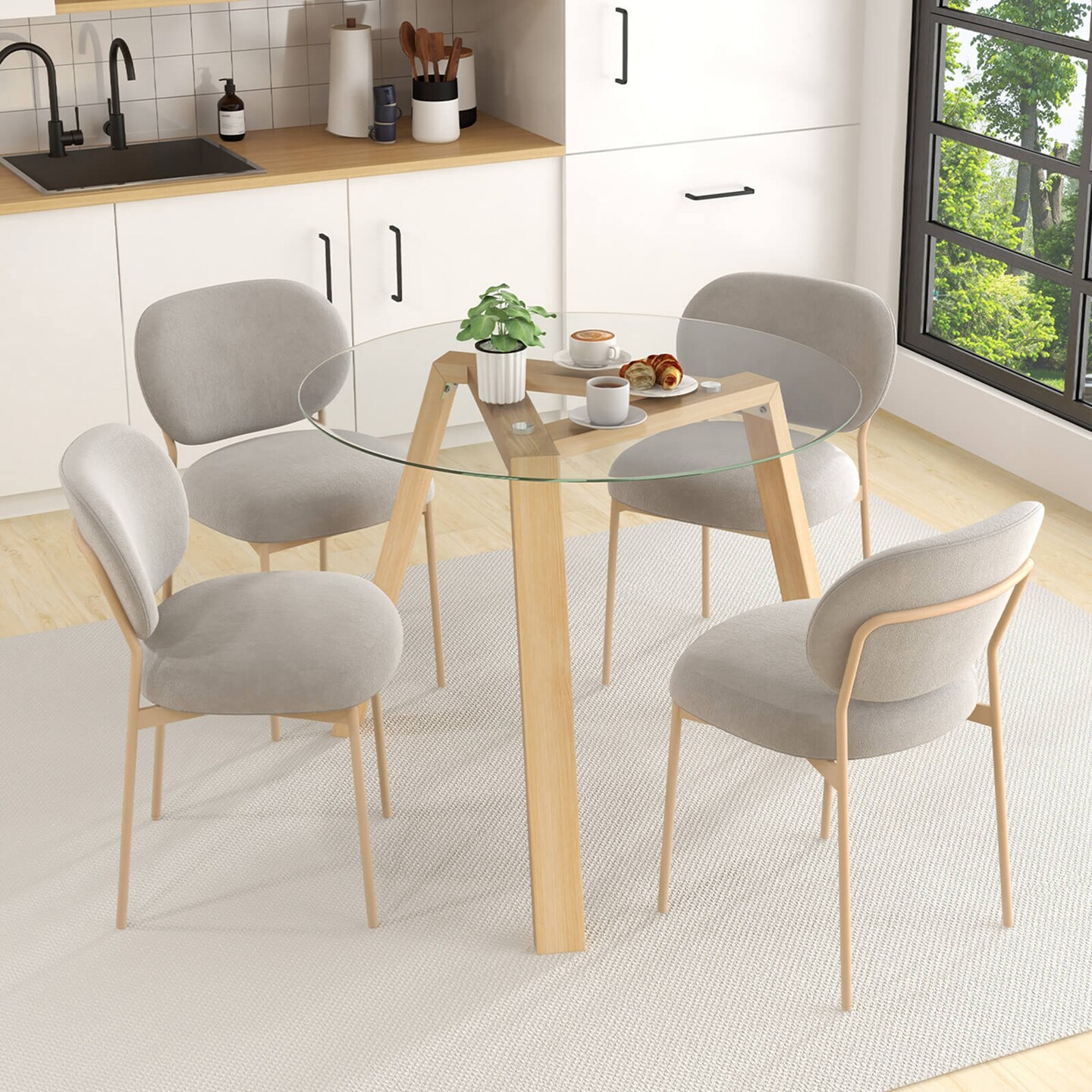 Costway 36&#x22; Round Glass Dining Table for 4 with Tempered Glass Tabletop Rubber Wood Frame Natural/Black