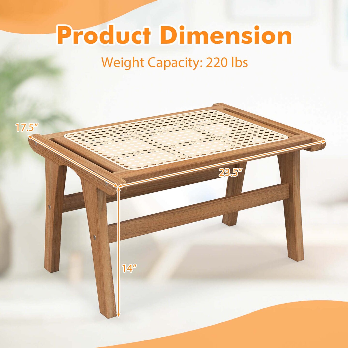Costway 1/2 PCS Ottoman Footstool Natural Teak Wooden Foot Rest with Handwoven Rattan Indoor