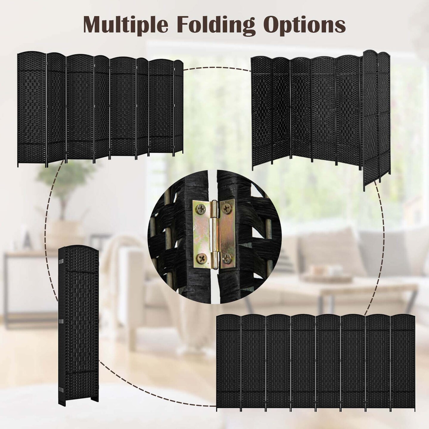 Costway 8-Panel Room Divider 6 FT Tall Folding Privacy Screen with Solid Wood Frame Brown/Black