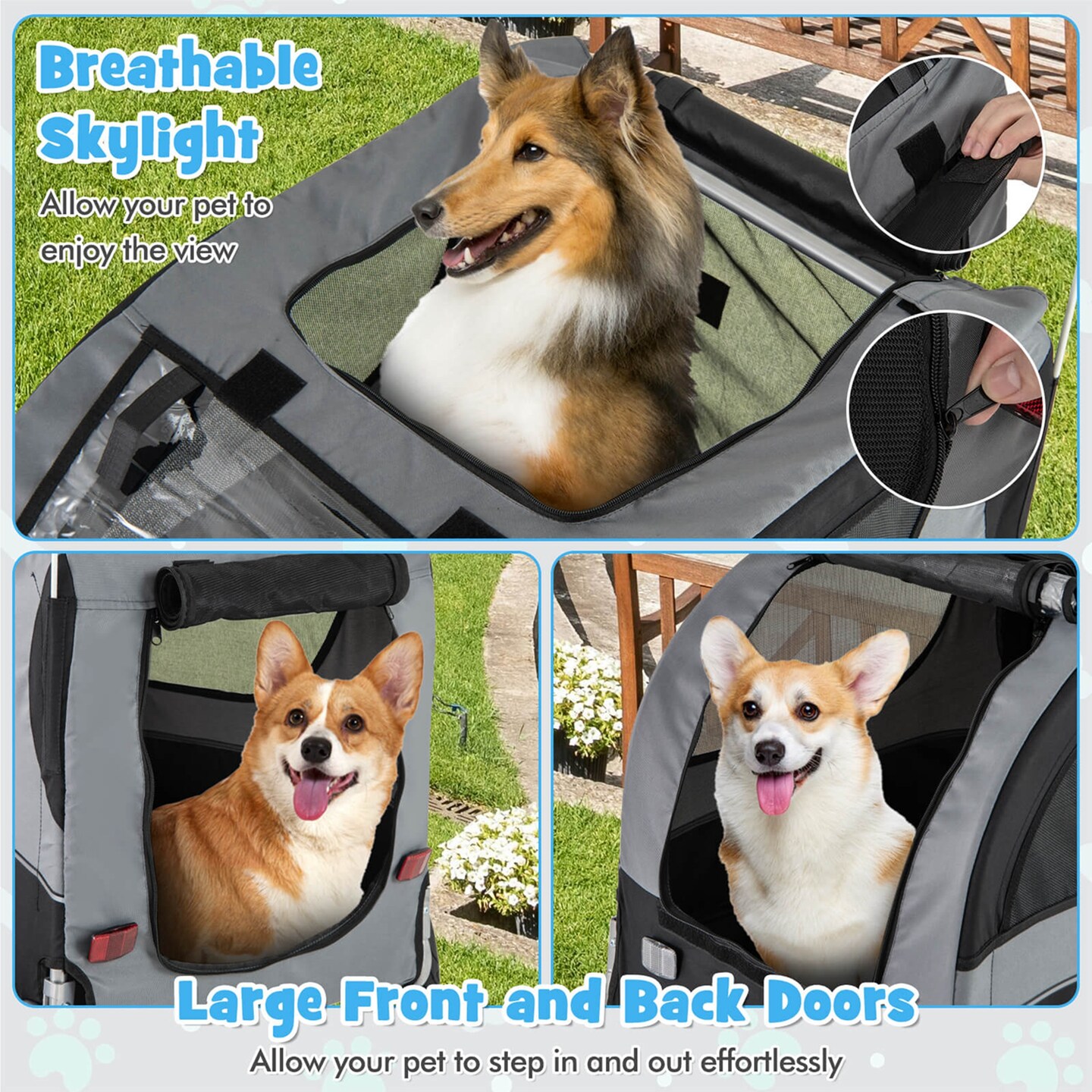 Costway Dog Bike Trailer Foldable Pet Cart with 3 Entrances  for Travel Grey/Red/Blue