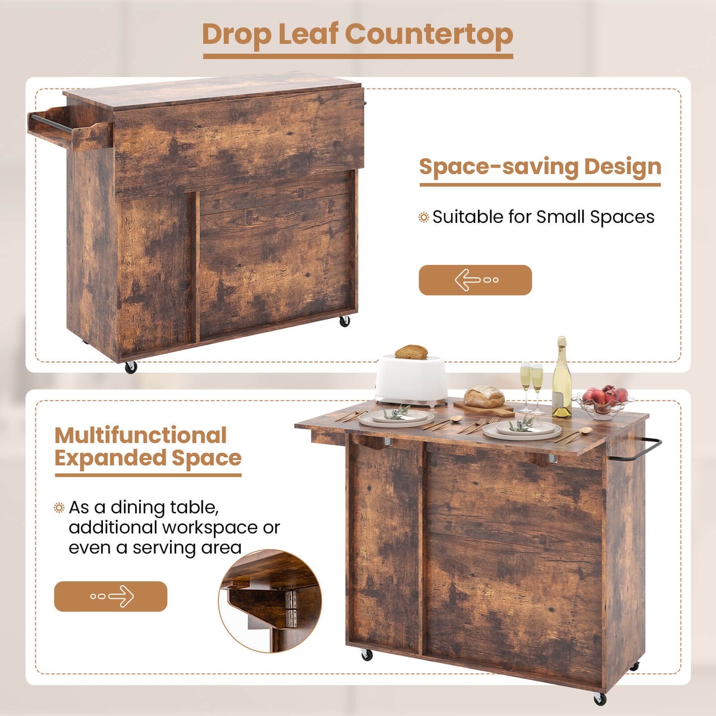 Costway Rolling Kitchen Island Cart with Drop Leaf Wine Rack Stemware Holder Rustic Brown