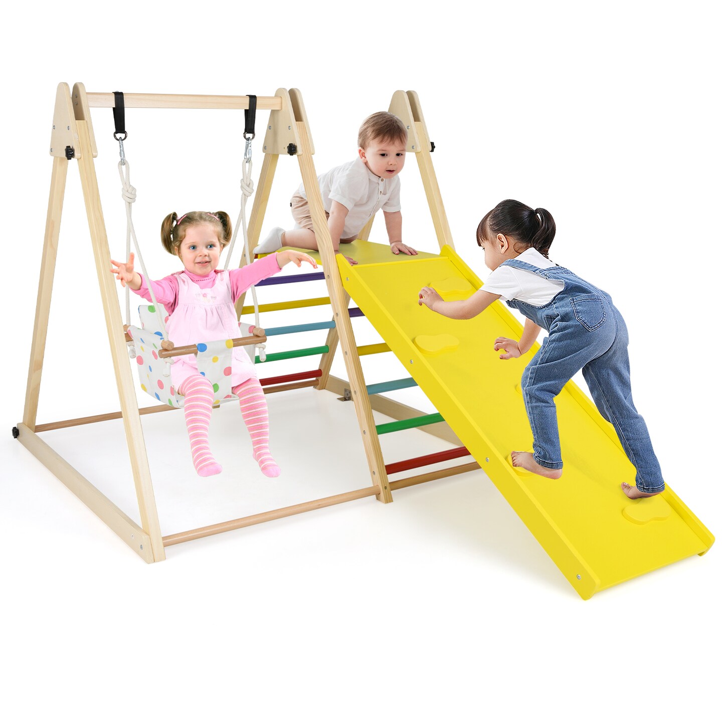 Indoor Wooden Jungle Gym 4 in 1 Montessori Climber with Kids Swing Climbing
