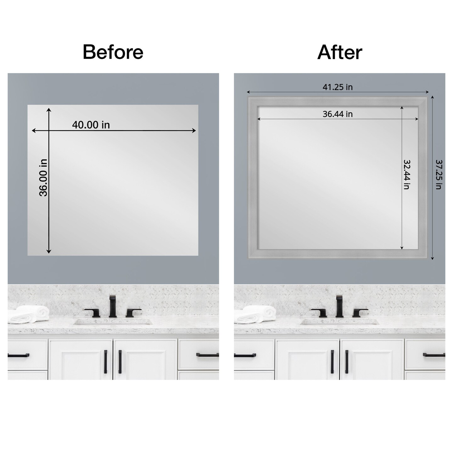 Amanti Art Mirror Makeover Bathroom Mirror Frame Border Kit - Fully Assembled Peel and Stick Frame - Mirror NOT Included - Vista Brushed Nickel Trim