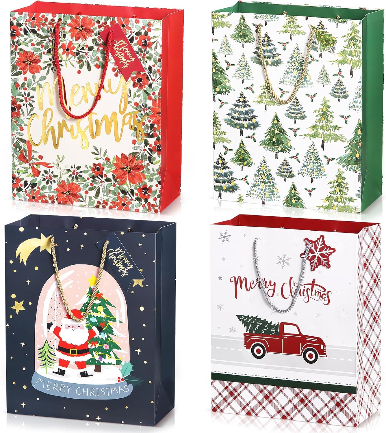 16 Pack Large Christmas Paper Bag for Gift Wrap 10x5x13 inch, 4 Styles Gift Bags Bulk with Handles as Goodies Bags, Party Bags, Favor Bags(Xmas Mix Pattern, 10x5x13 inch)