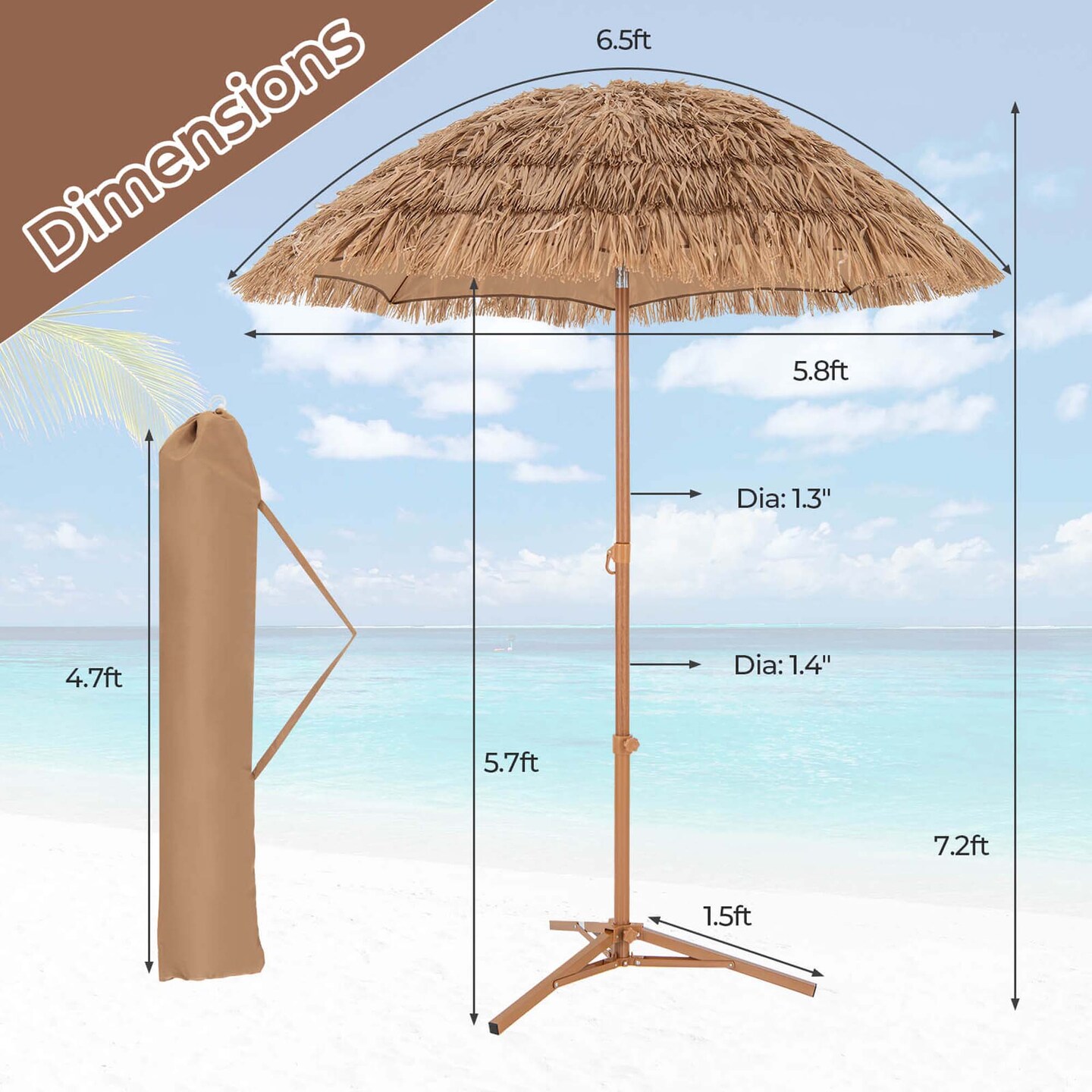 Goplus 6.5 FT Hula Thatched Tiki Beach Umbrella 30° Tilting Hawaiian Style Umbrella Natural