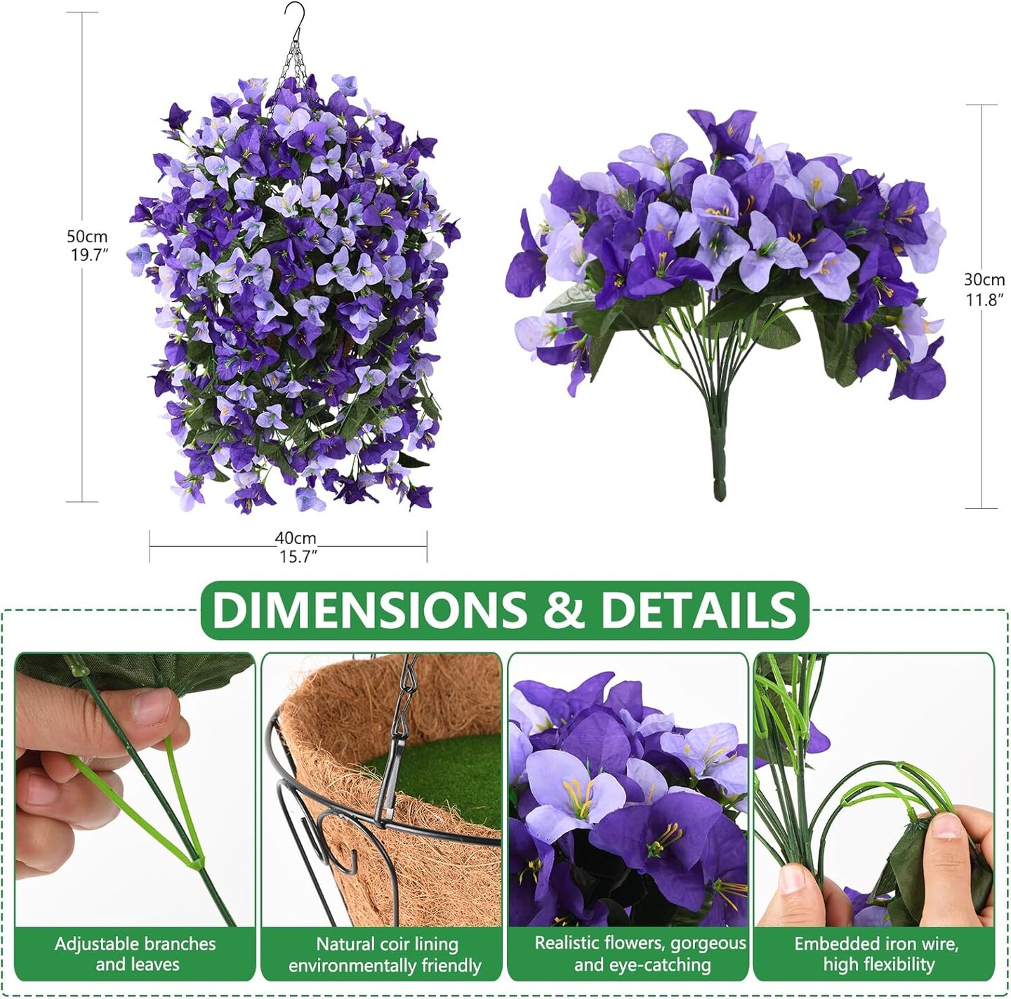 Artificial Faux Flowers Hanging Basket for Outdoor Spring Decor