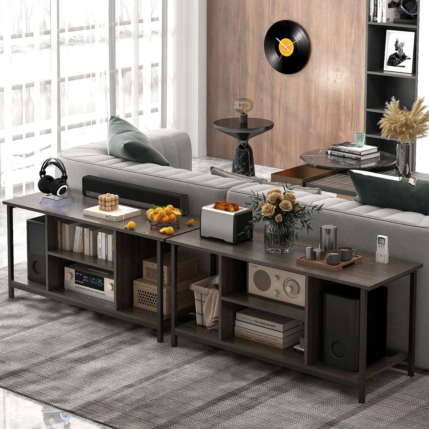 Costway TV Stand with Power Outlet USB &#x26; Type-C Port 3-tier TV Console Table Grey