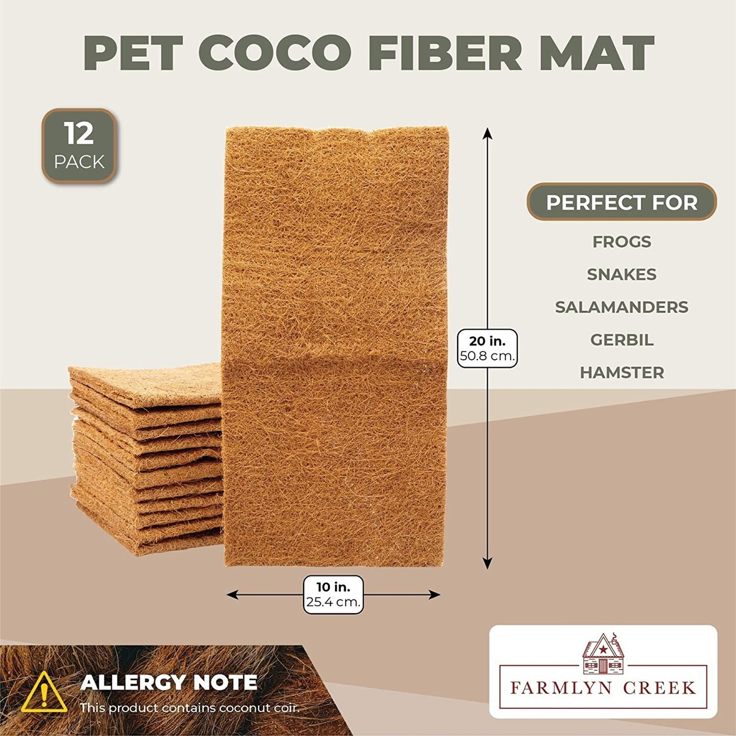 Farmlyn Creek Coco Fiber Substrate Mats for Small Pets, Natural Coir (10 x 20 in, 12 Pack)