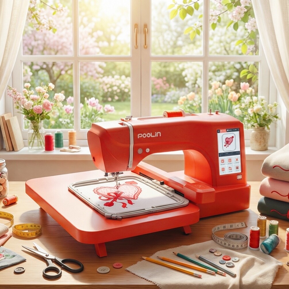 Official Poolin EOC06-RE Computerized Embroidery Machine Bundle with 40 Colors Embroidery Thread – 7.9x11" Large Embroidery Area, 7" LCD Touch Screen, WiFi, Online Digitizing Software, Starter Kit for Home, Business, DIY & Gift